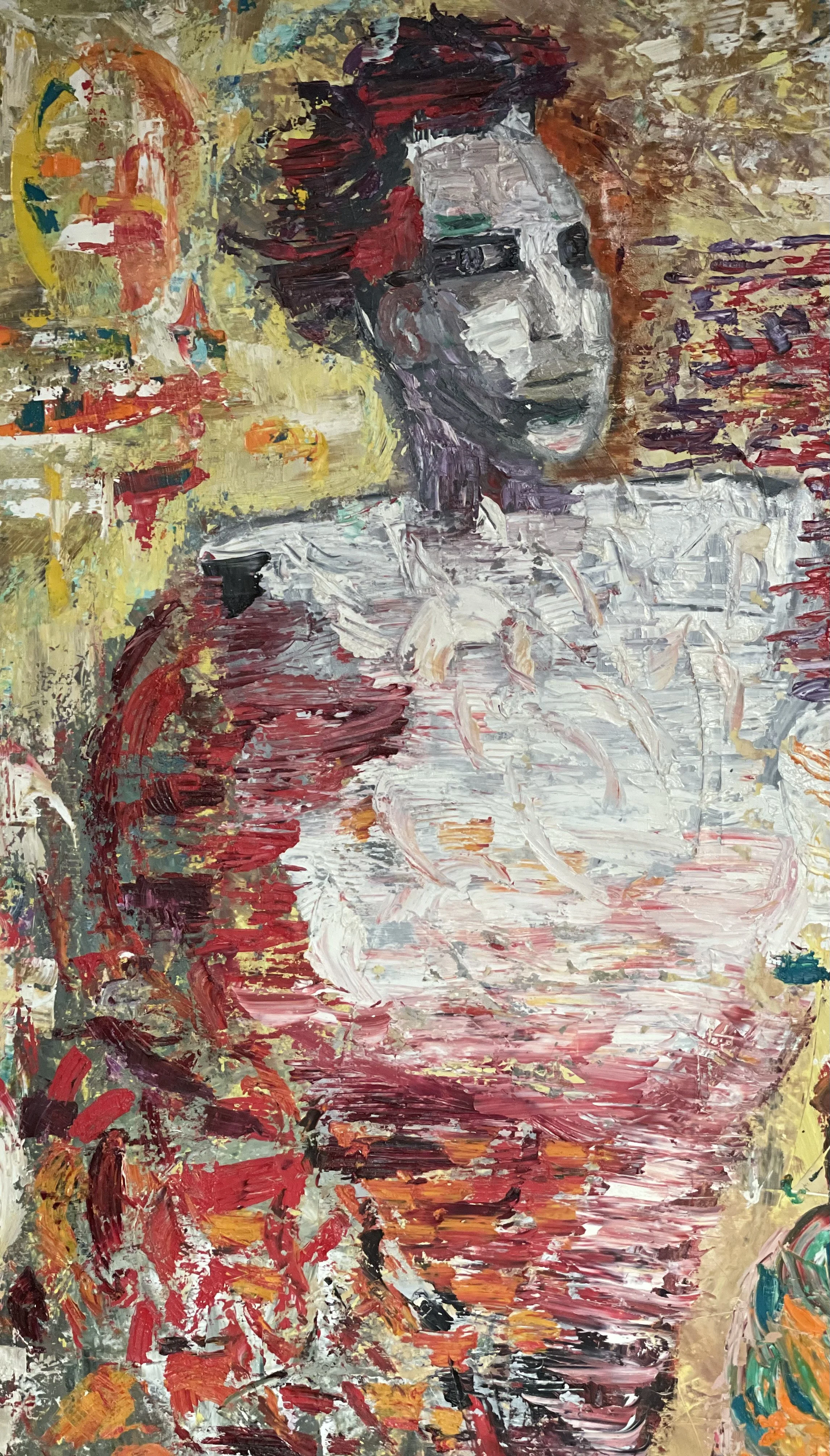 Abstract portrait of a woman with short dark hair, wearing sunglasses, painted with bold, textured brushstrokes in reds, yellows, whites, and other colors.