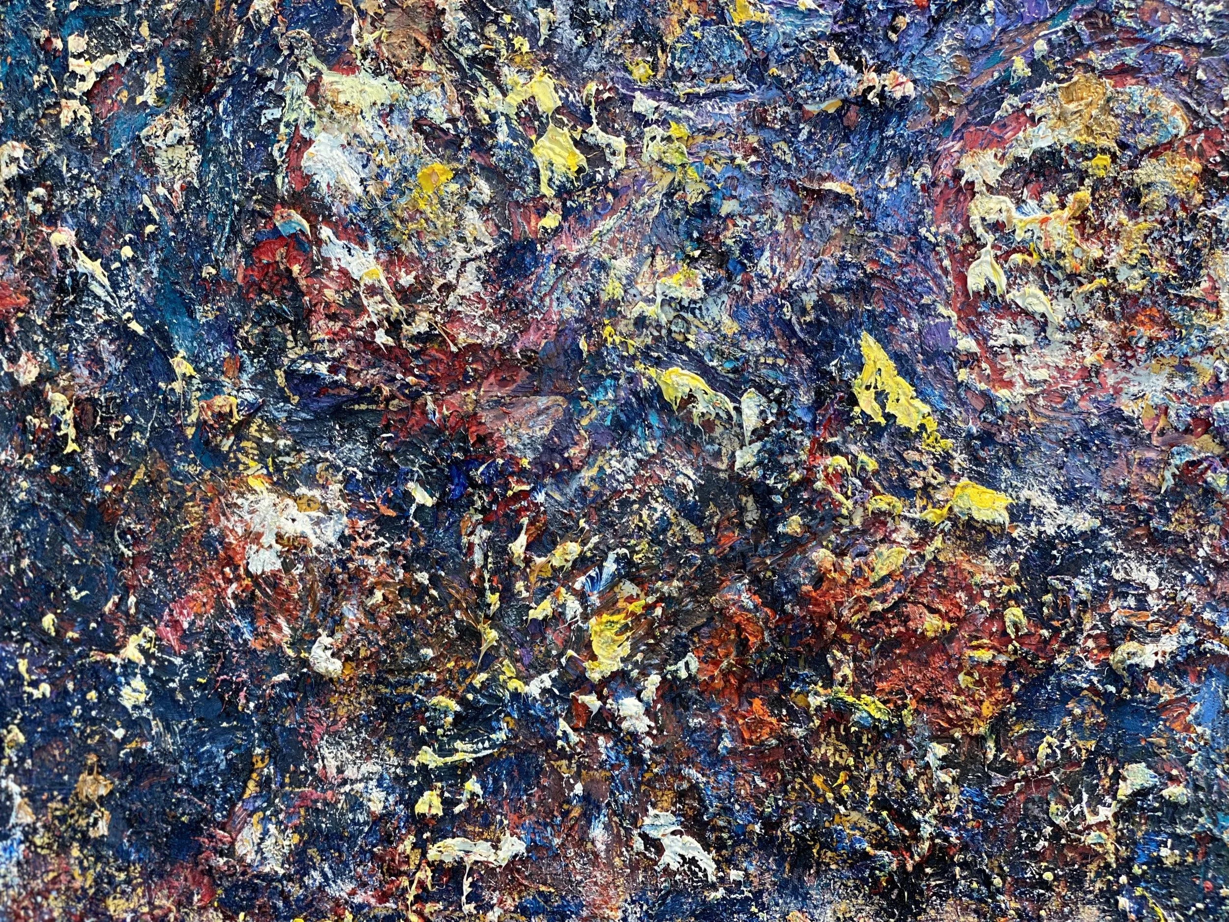 Abstract expressionist painting with textured layers of dark blue, red, yellow, white, and black paint, creating a vibrant chaotic composition.