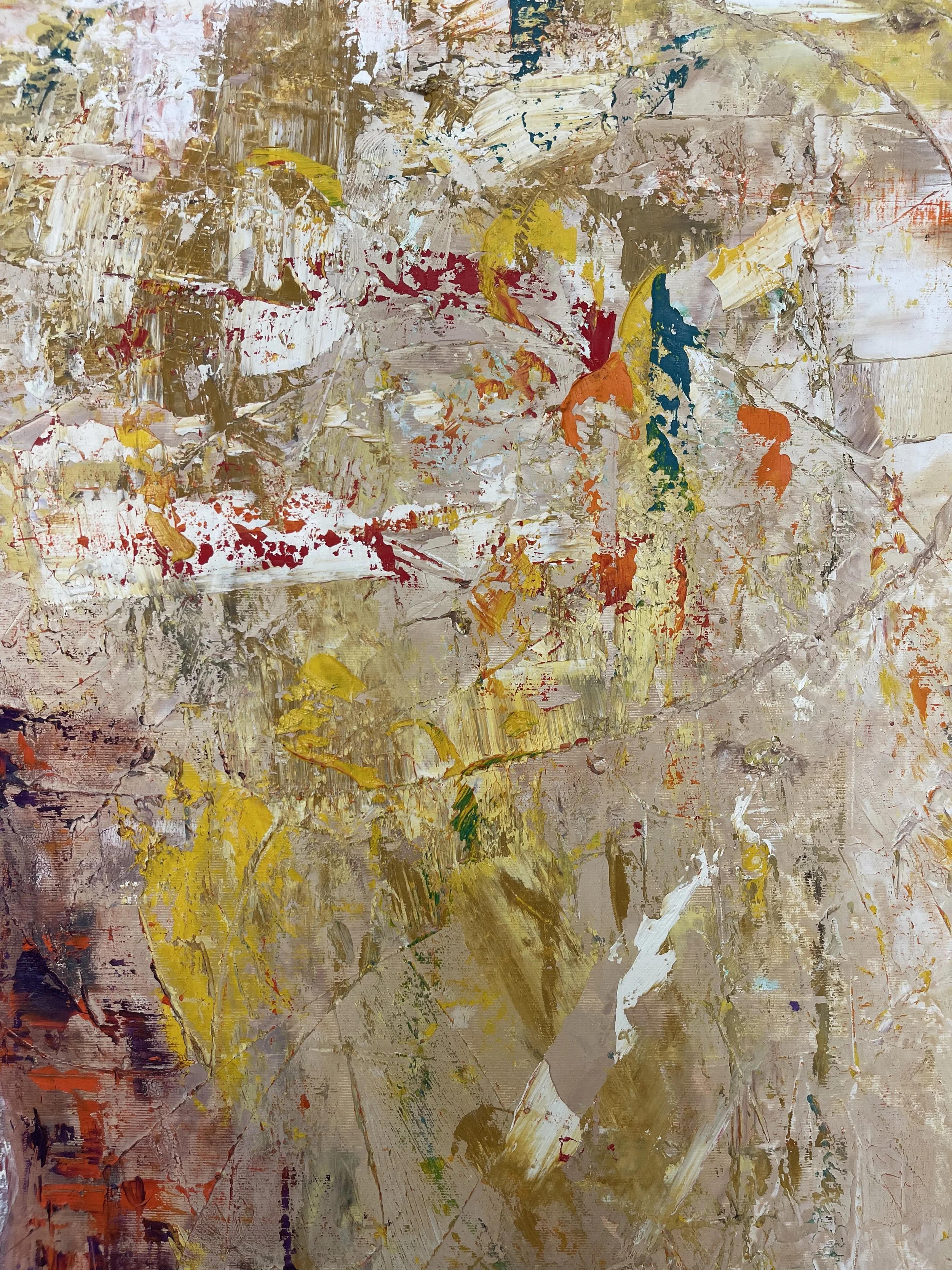 Abstract painting with thick, textured strokes in beige, yellow, white, red, orange, green, and hints of blue.