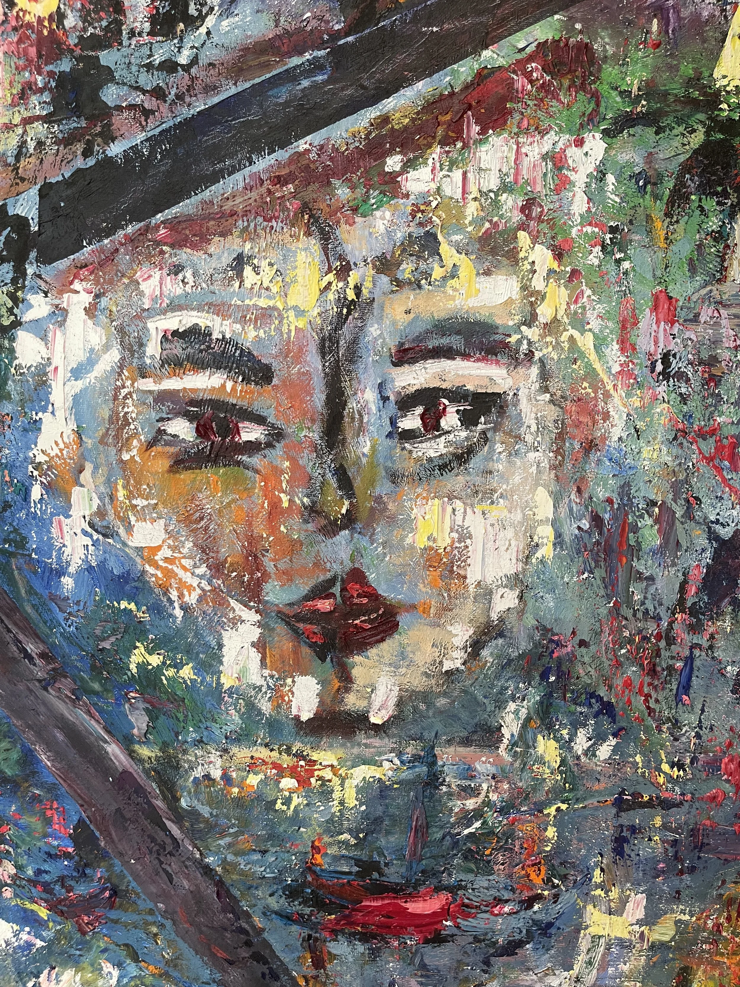 A colorful abstract painting of a woman's face, with vibrant brush strokes depicting her eyes, lips, and hair in shades of red, yellow, green, blue, and black.