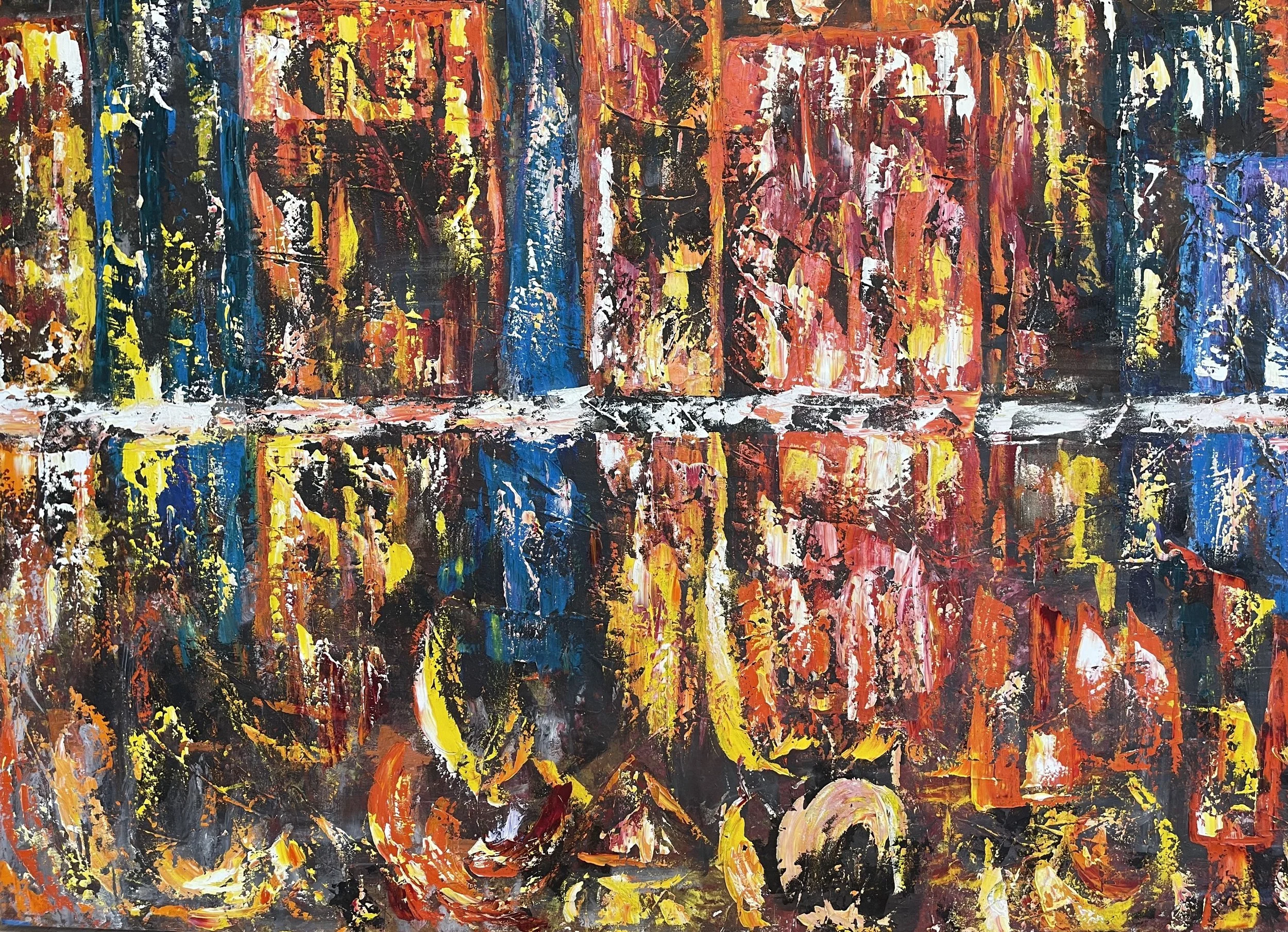 Abstract expressionist painting with bold strokes in red, yellow, blue, black, and white.