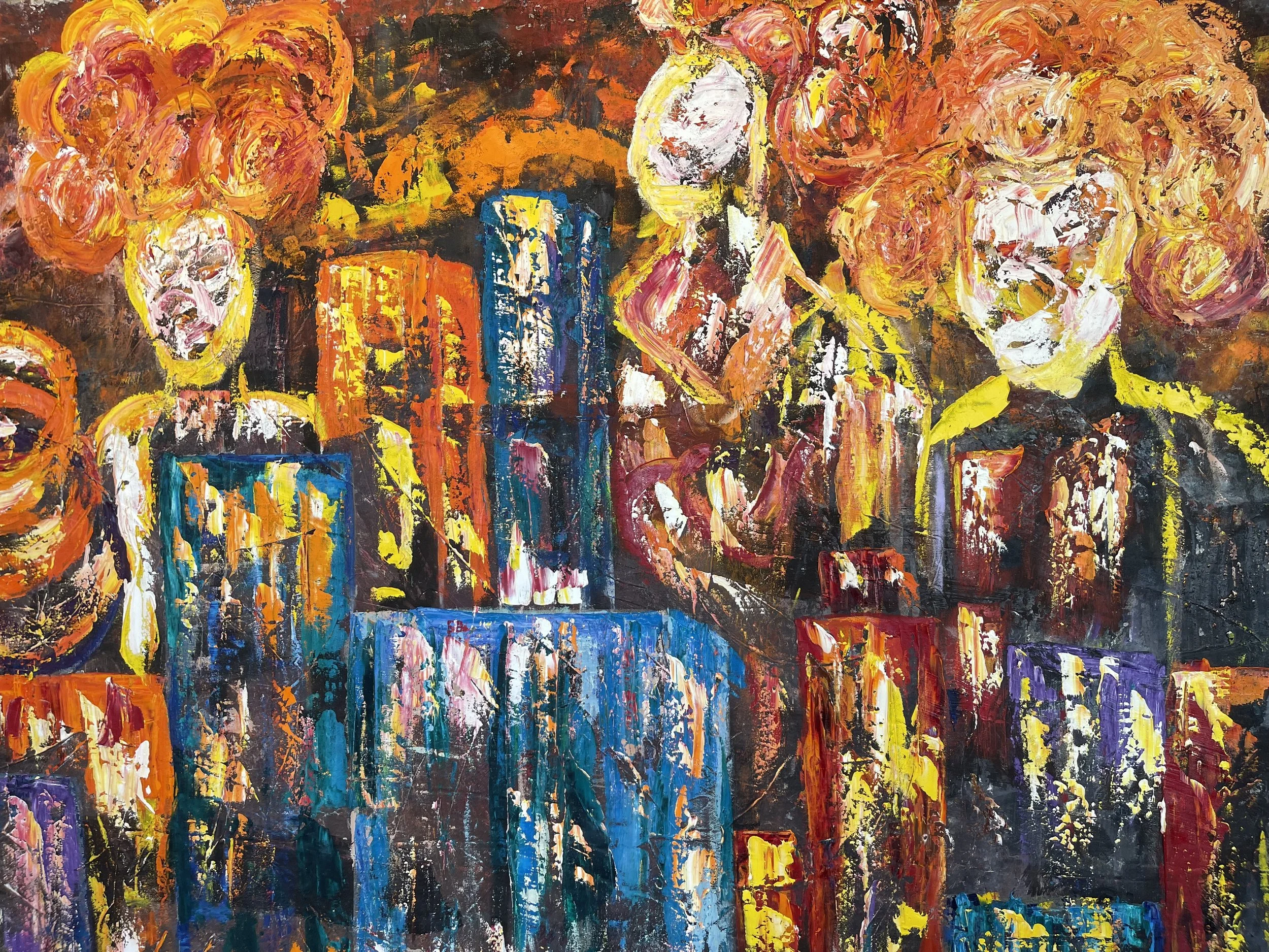 Abstract painting of three large faces with bright orange hair, surrounded by colorful, tall, rectangular shapes resembling buildings, using bold brushstrokes and vivid colors.