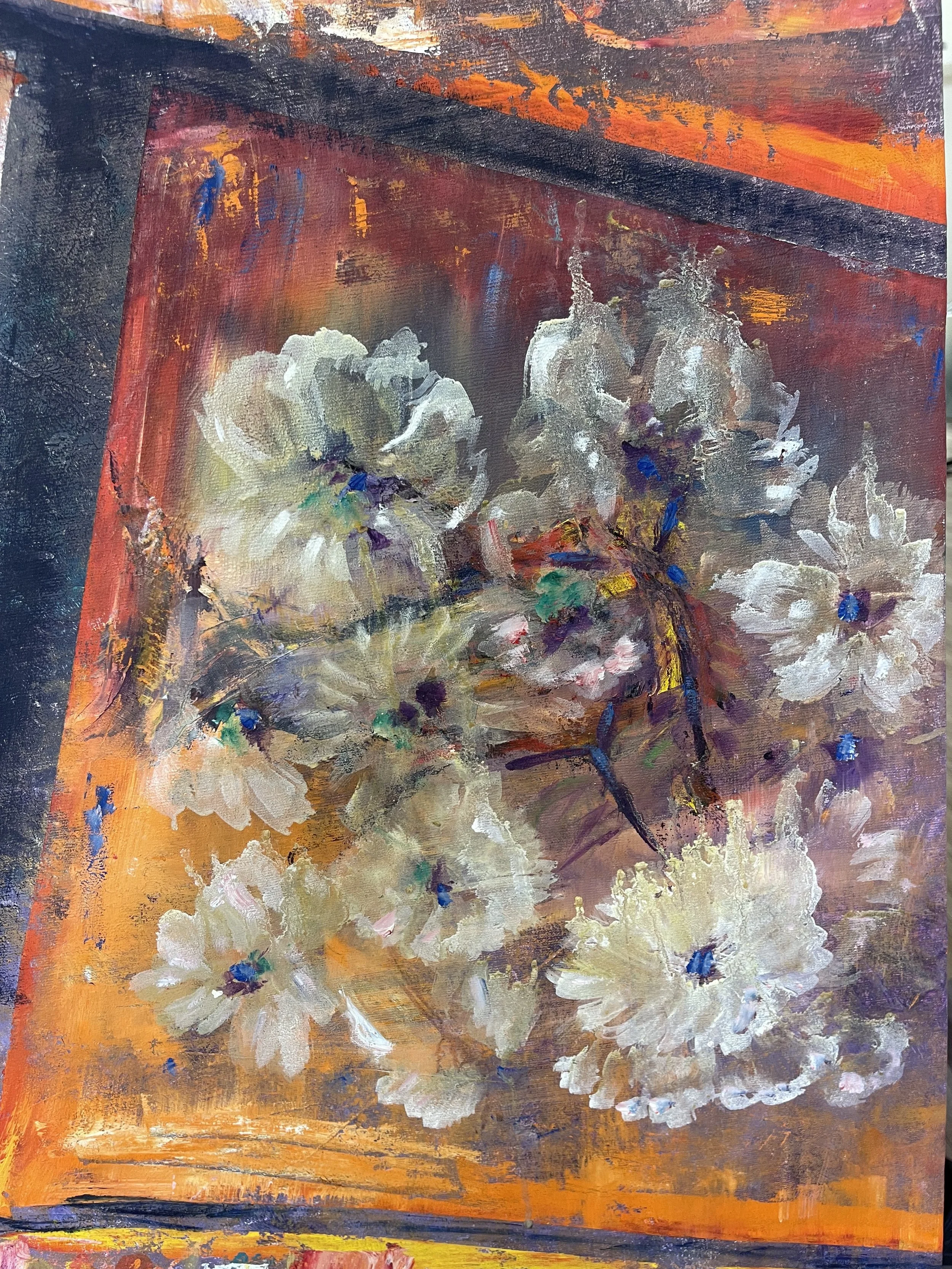 An oil painting of white flowers with purple centers on a textured orange and dark background.
