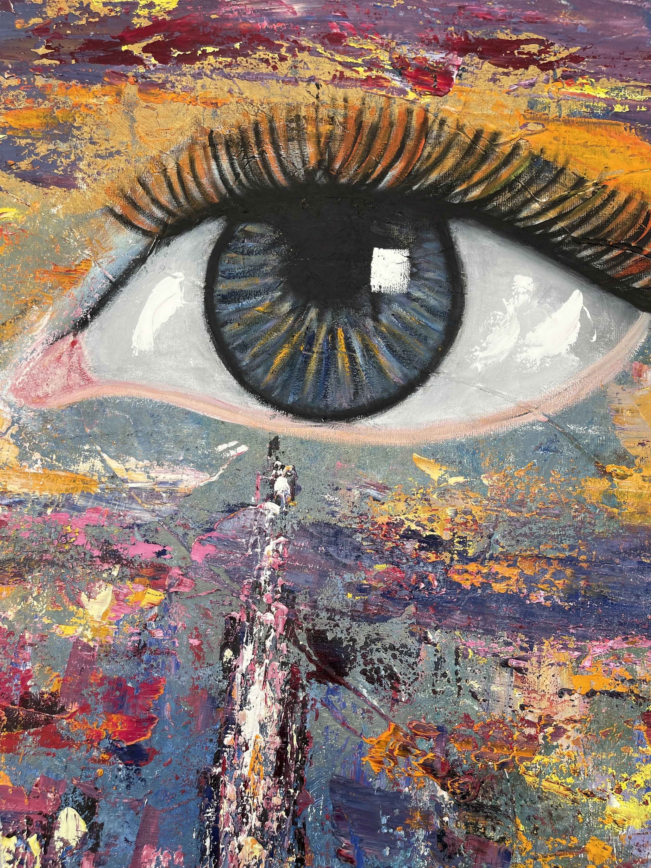 A painting of a large eye with a vibrant, abstract background in shades of orange, pink, purple, yellow, and gray, featuring a cascade of colors flowing downward from beneath the eye.