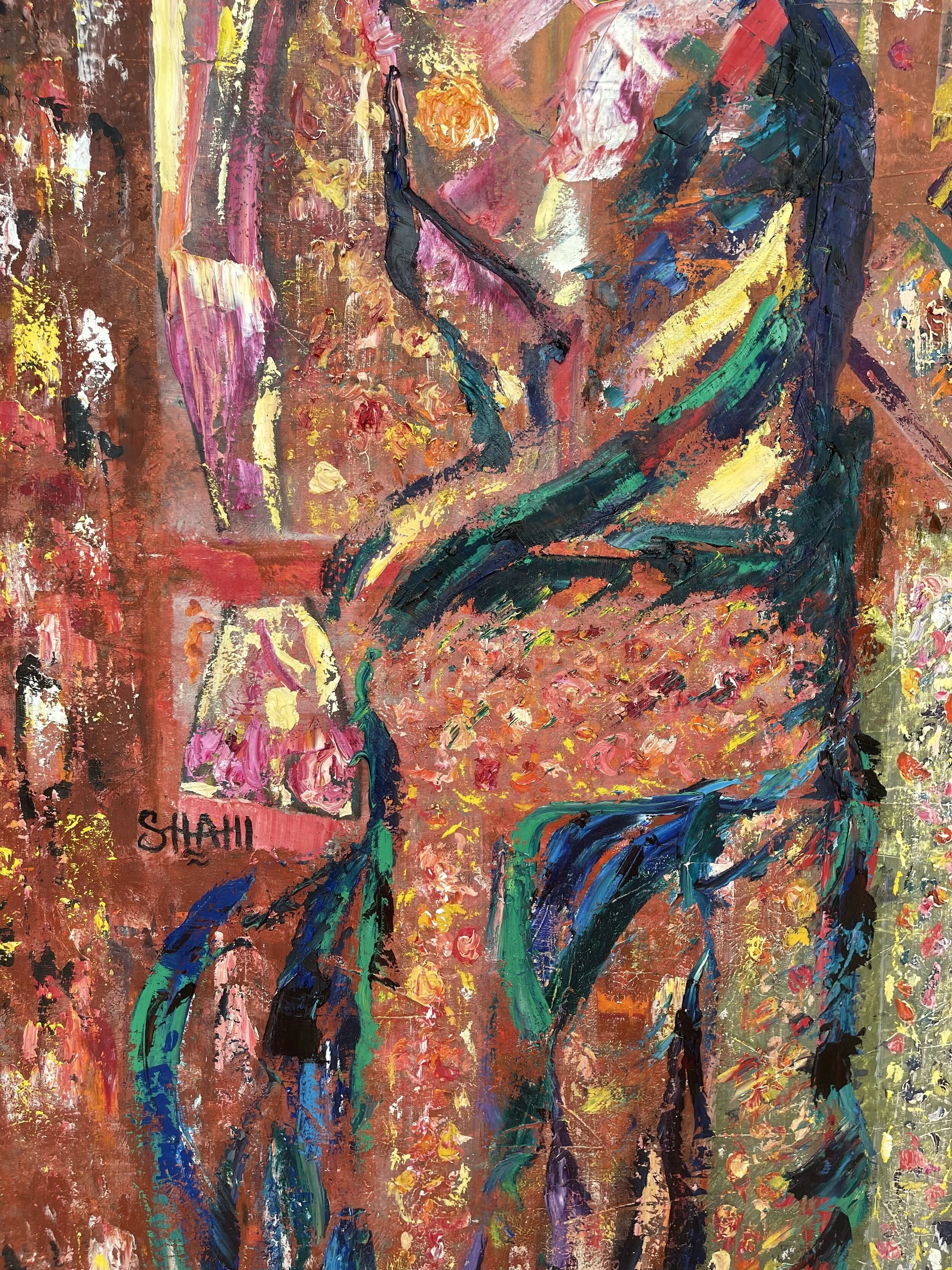 Abstract painting with vibrant brushstrokes in pink, red, yellow, blue, green, and black. The artist's signature 'SHASHI' is visible near the bottom left.
