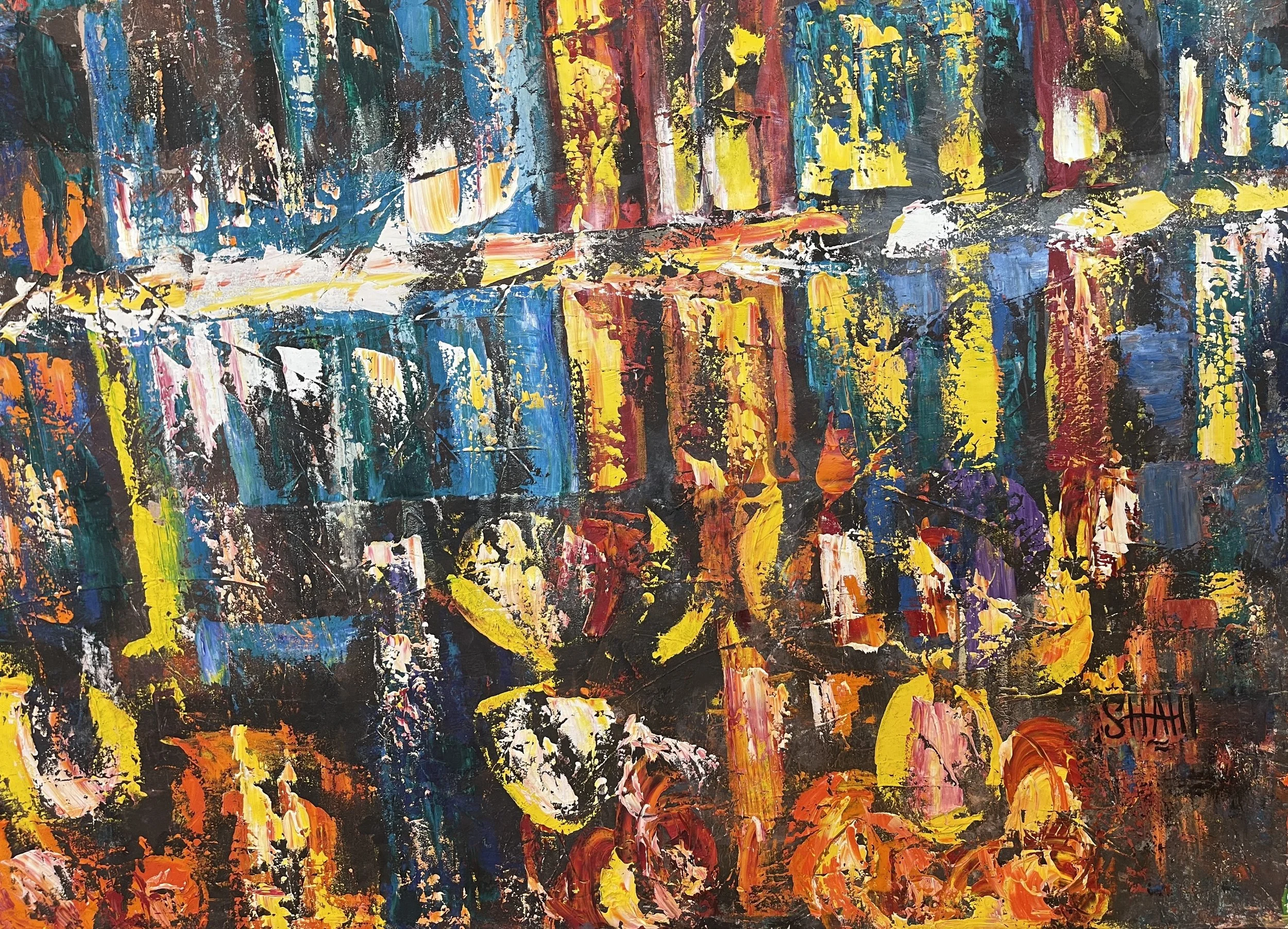 Abstract colorful painting with bold strokes of yellow, red, blue, black, white, and orange.