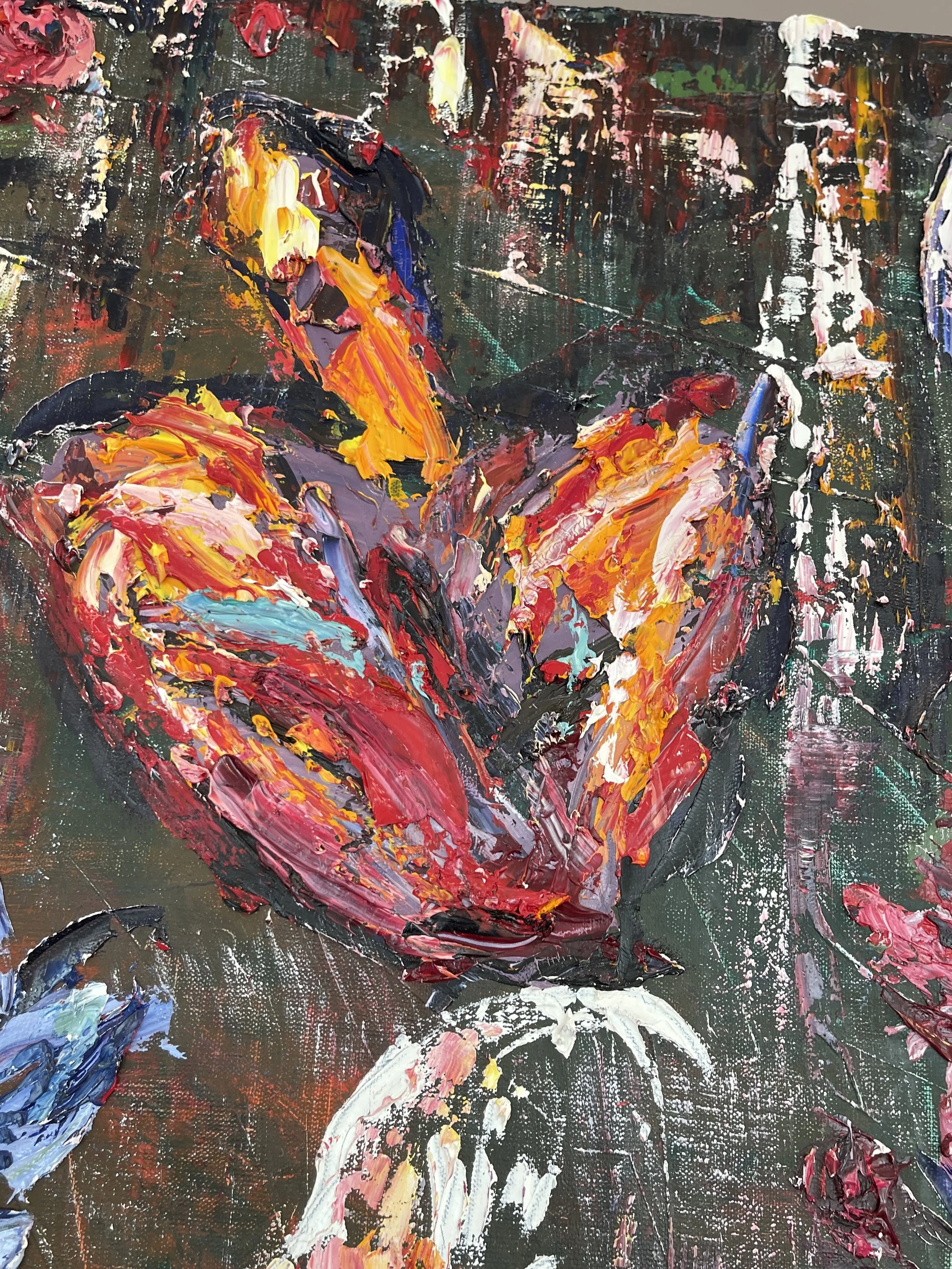 An abstract oil painting of a bouquet of flowers, featuring bright, thickly applied reds, oranges, pinks, and yellows with darker and lighter highlights, on a dark background.