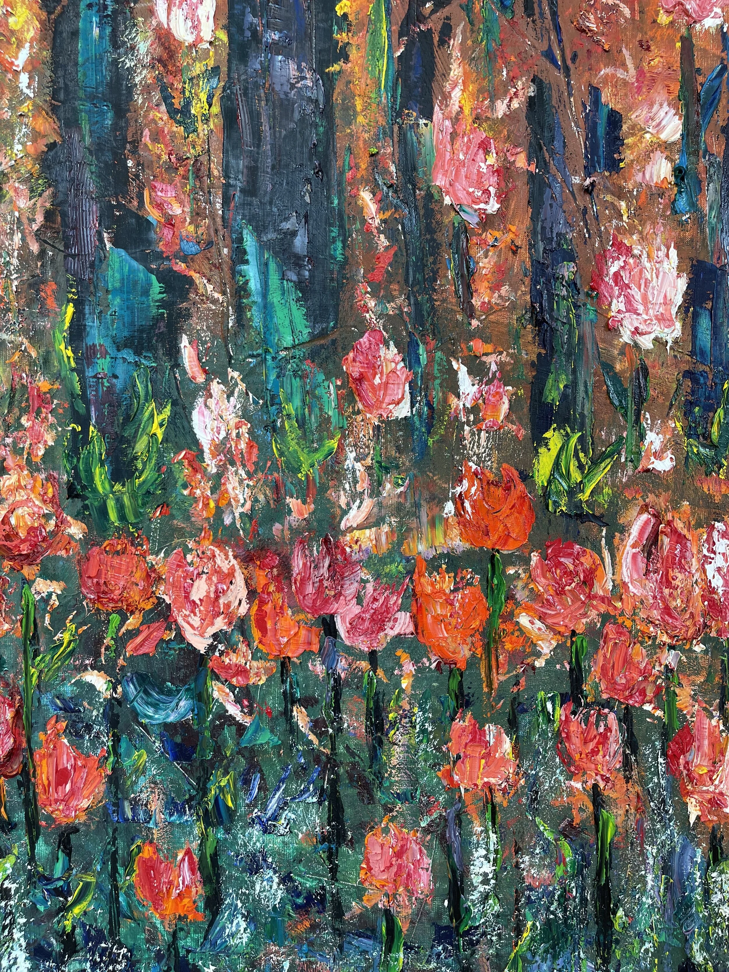 An impressionist-style painting of a garden with pink, red, orange, and white flowers amid green foliage, with dark blue and brown background elements.