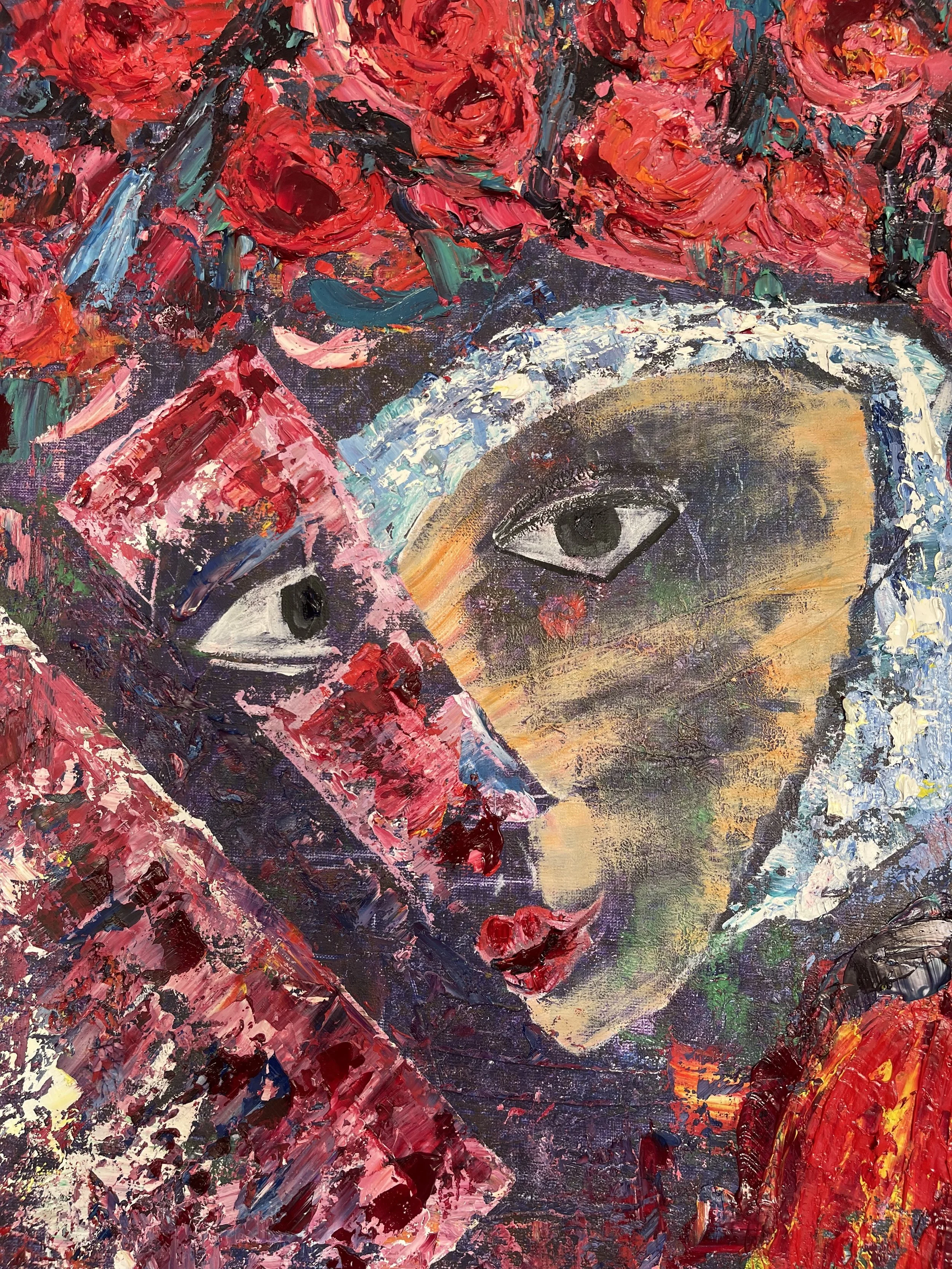 A colorful abstract painting of two faces with prominent eyes, surrounded by vibrant reds, pinks, and other bold colors.