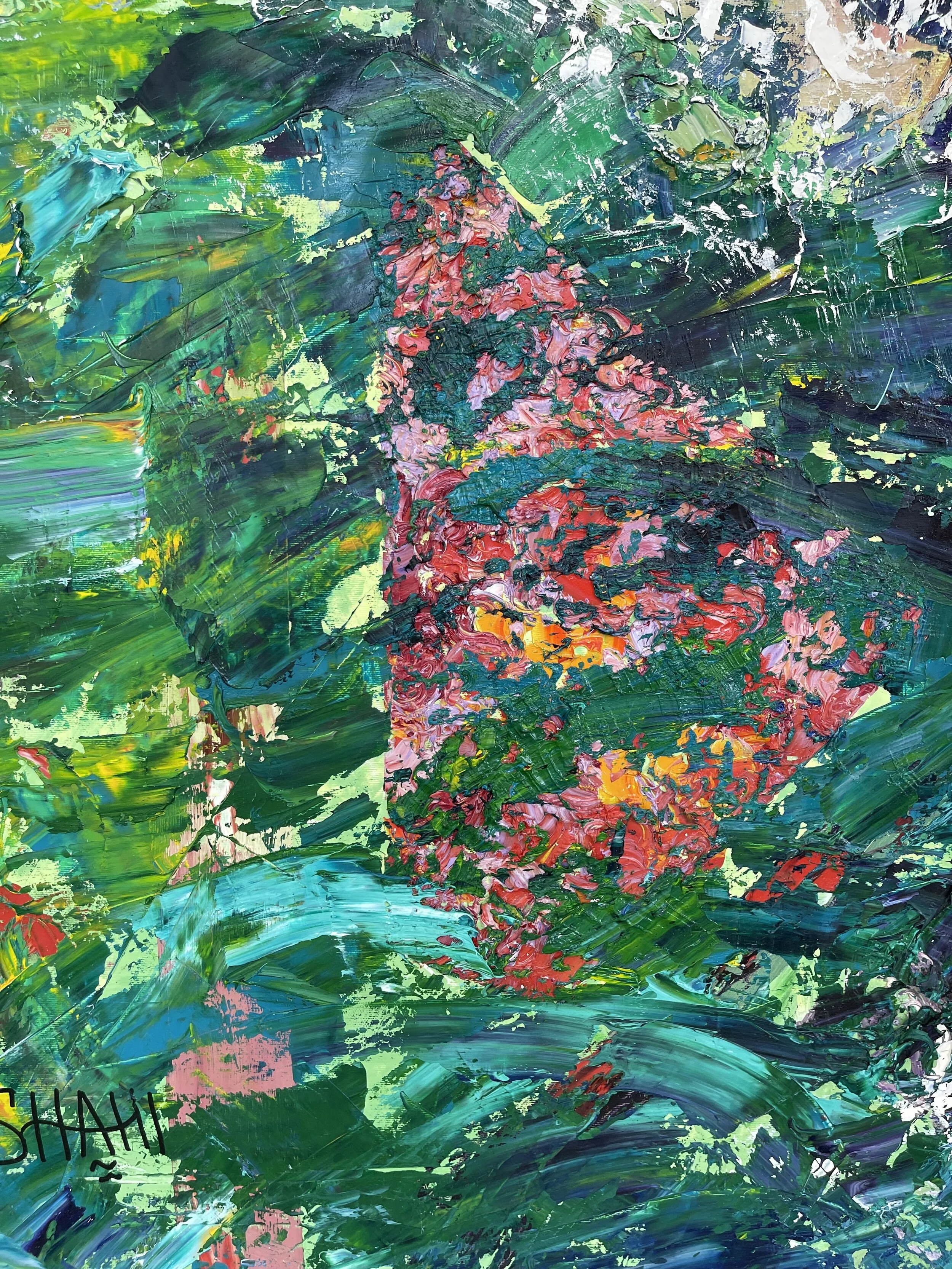 Abstract impressionist painting of lush green tropical foliage and pink flowers with accents of yellow, red, and blue.