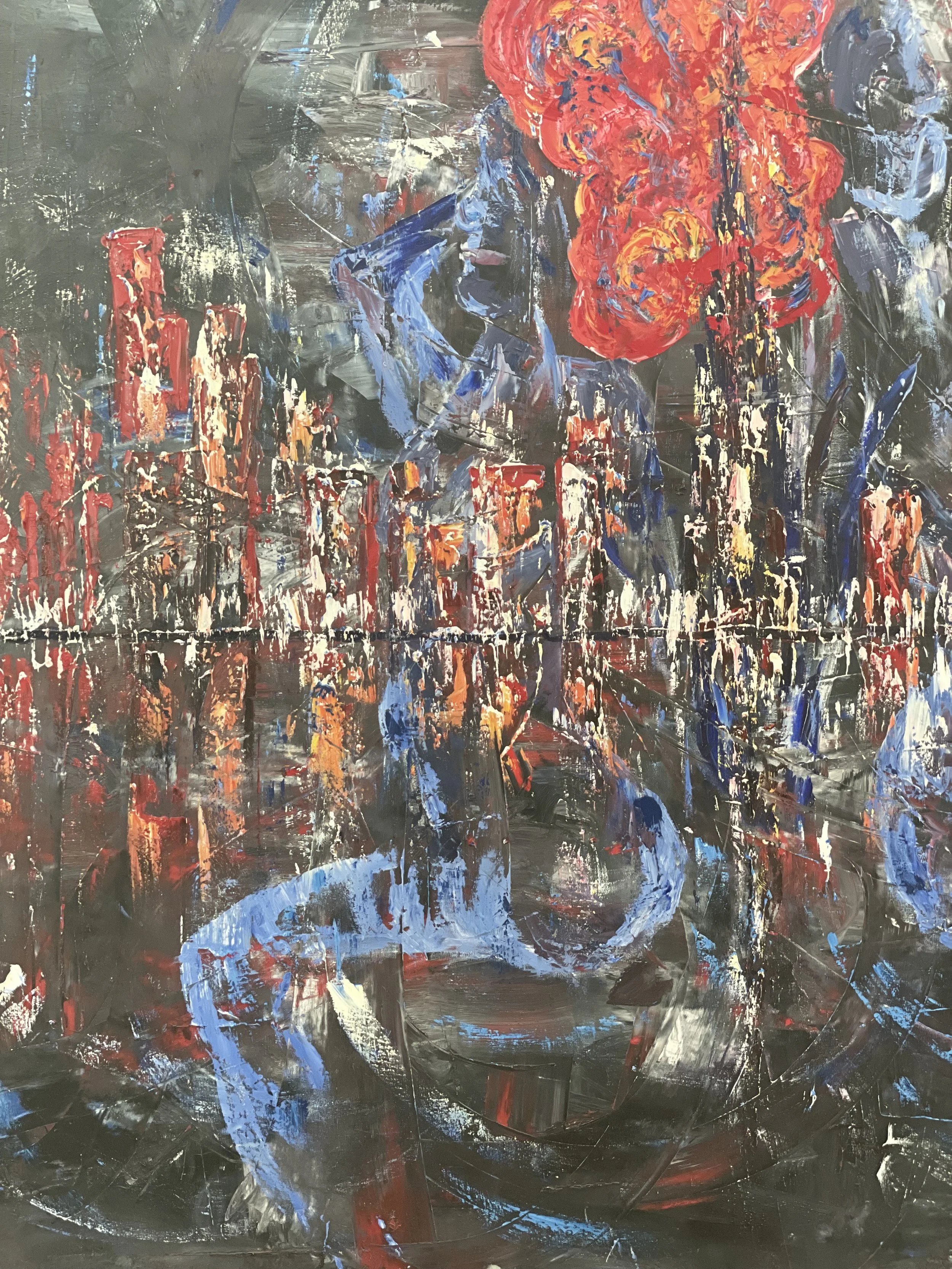 Abstract painting with bold strokes of red, blue, orange, black, white, and gray colors creating a vibrant, textured composition.