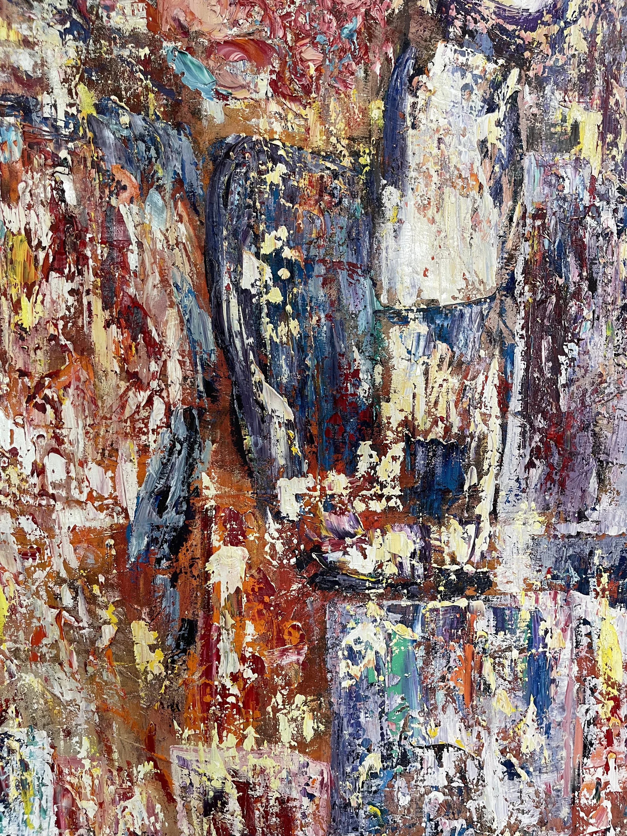 Abstract painting with thick layers of vibrant colors including reds, blues, whites, and other hues in an impressionistic style, with textured brushstrokes creating a dynamic, colorful composition.