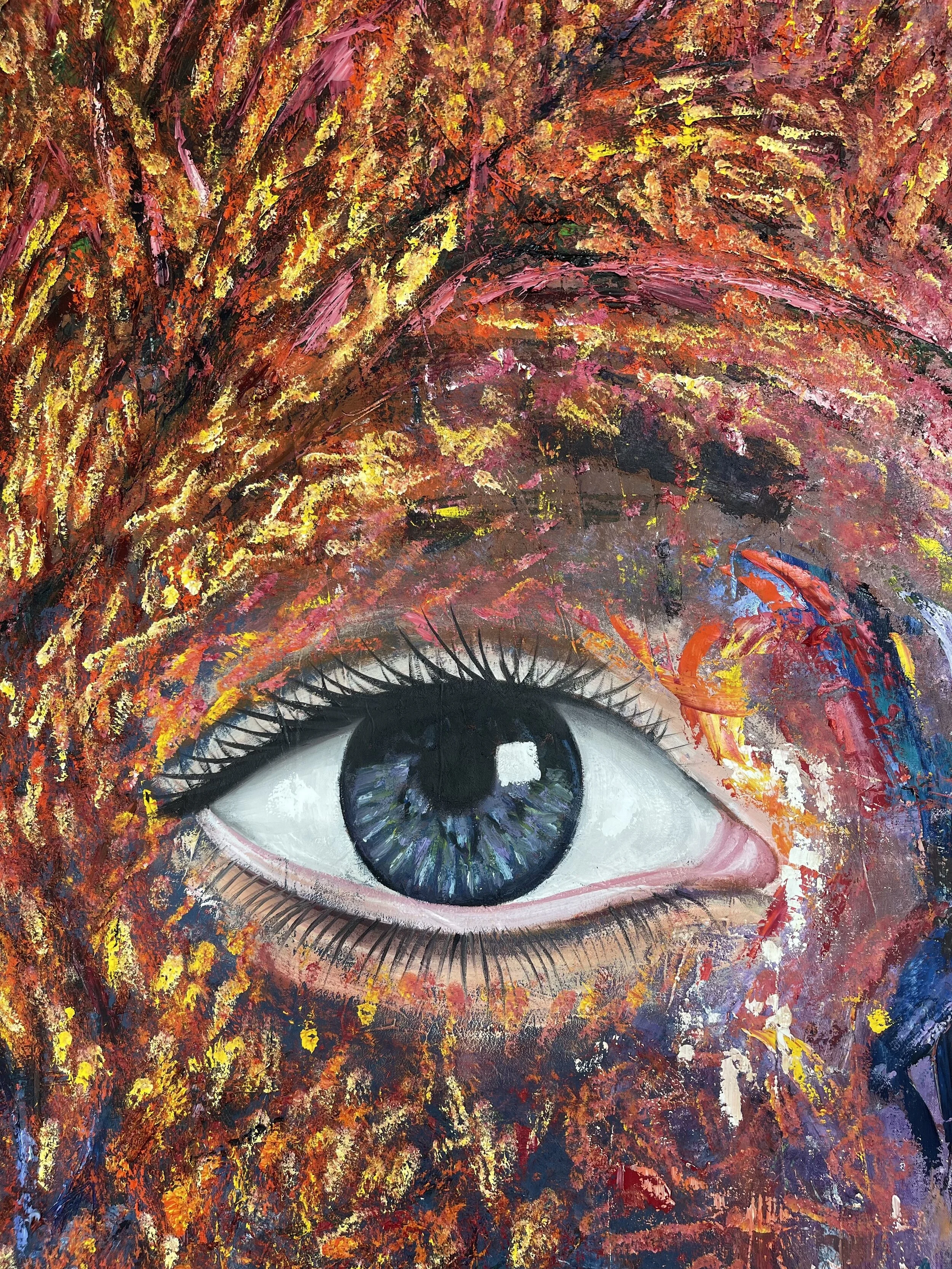 A detailed painting of a human eye surrounded by vibrant abstract brushstrokes in red, orange, yellow, pink, purple, and black.