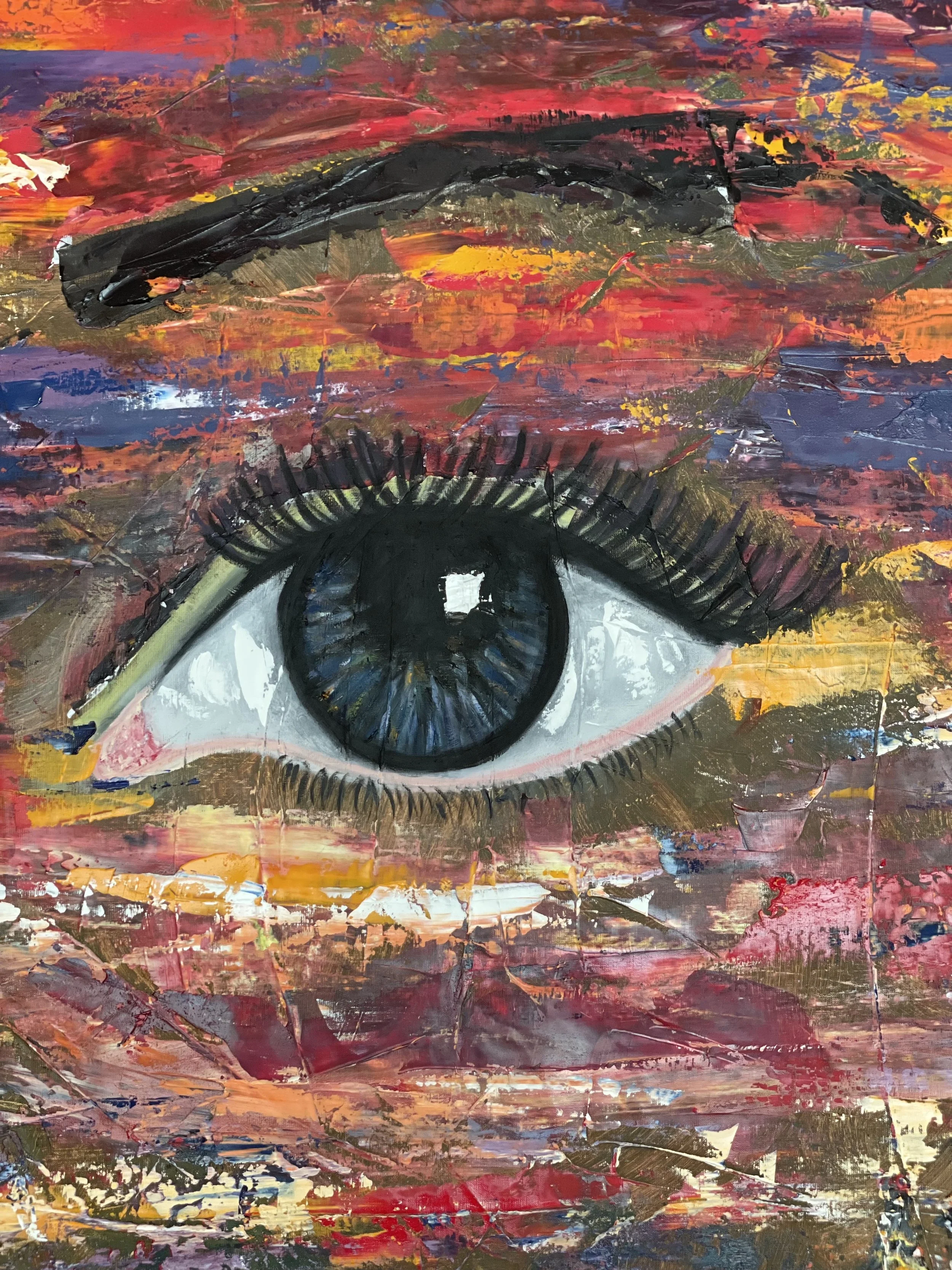 An abstract painting of a human eye with a colorful background including reds, yellows, and blues.