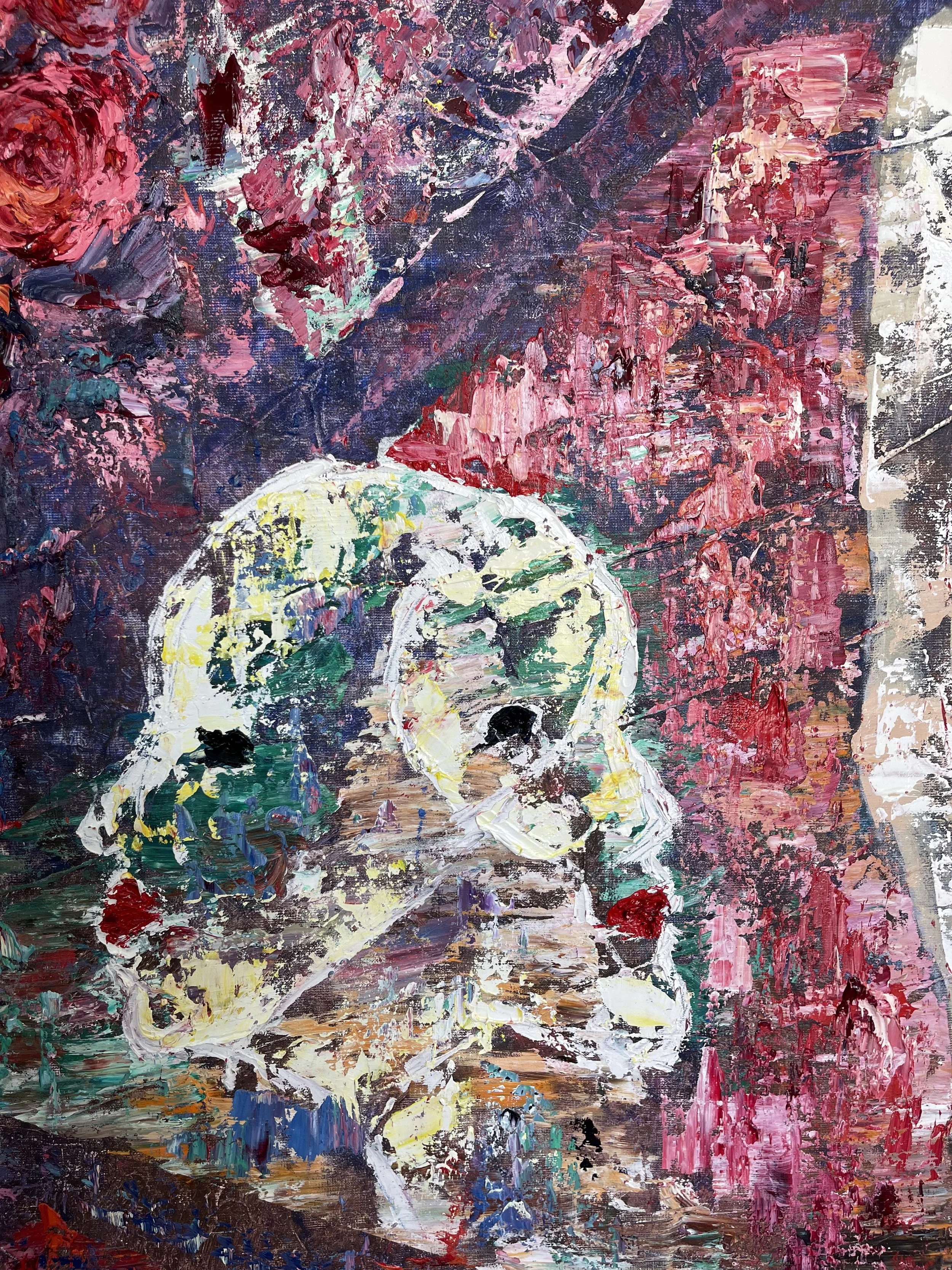 Abstract painting of a skull with vibrant colors, featuring shades of white, green, yellow, and black, set against a background of pinks, reds, and purples with bold textured brushstrokes.