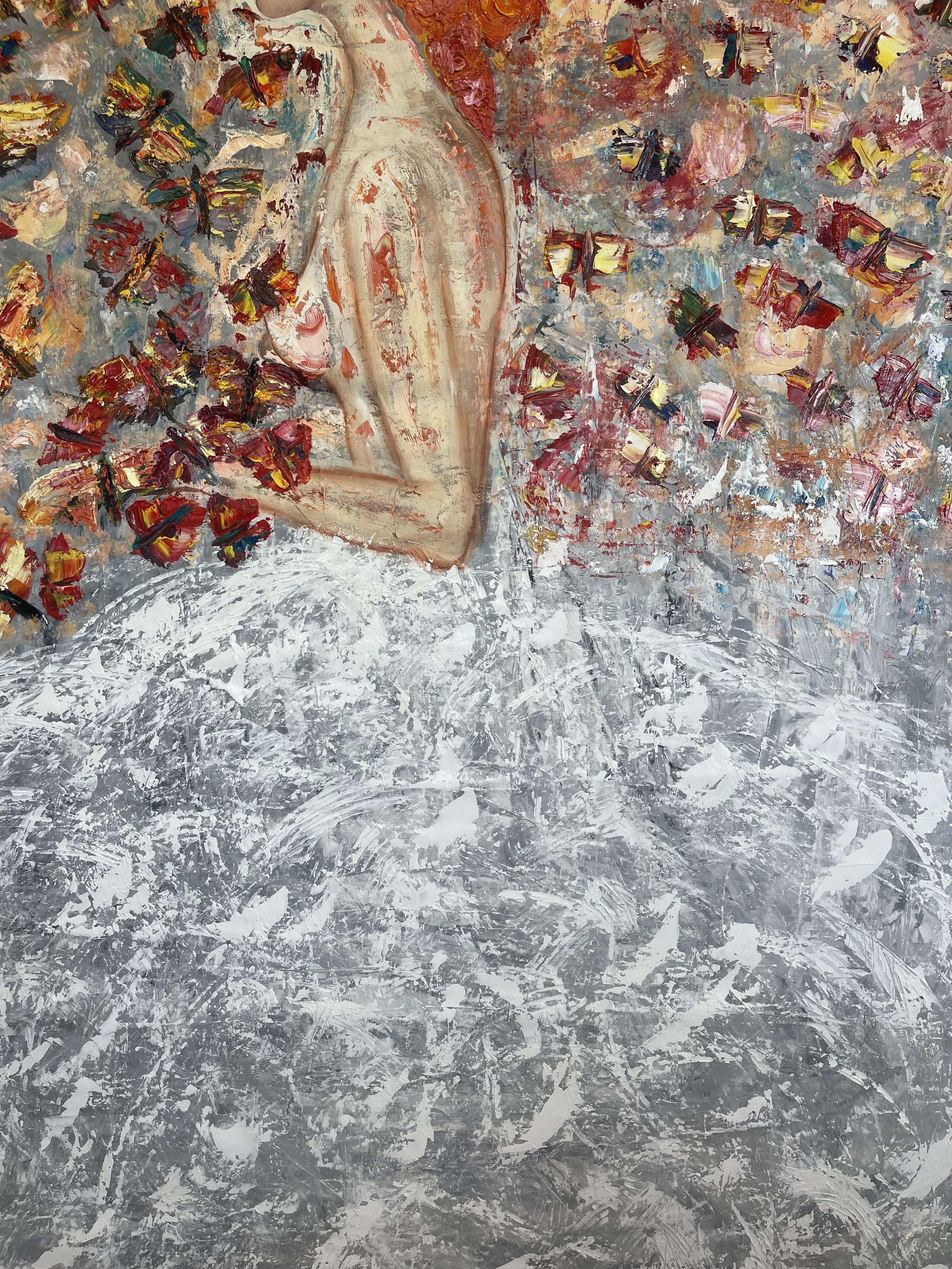 An abstract painting of a horse in a field of red and yellow flowers with a textured gray ground.