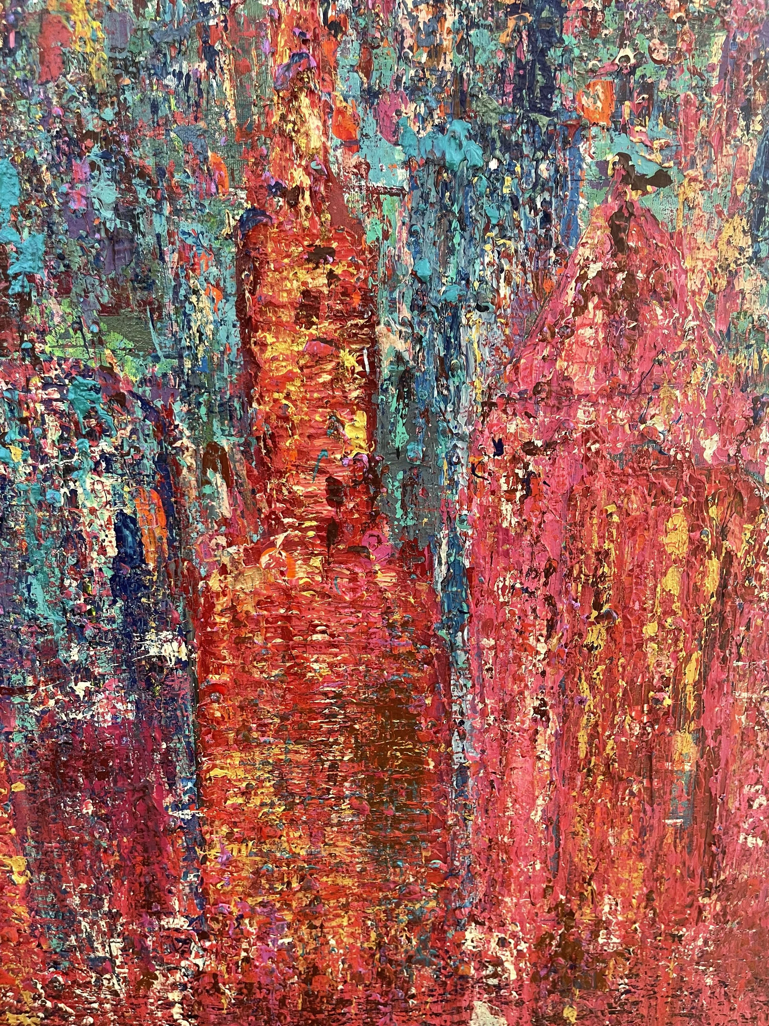 Abstract painting of a city skyline with vibrant colors, including blues, pinks, reds, and yellows, in a thick, textured style.