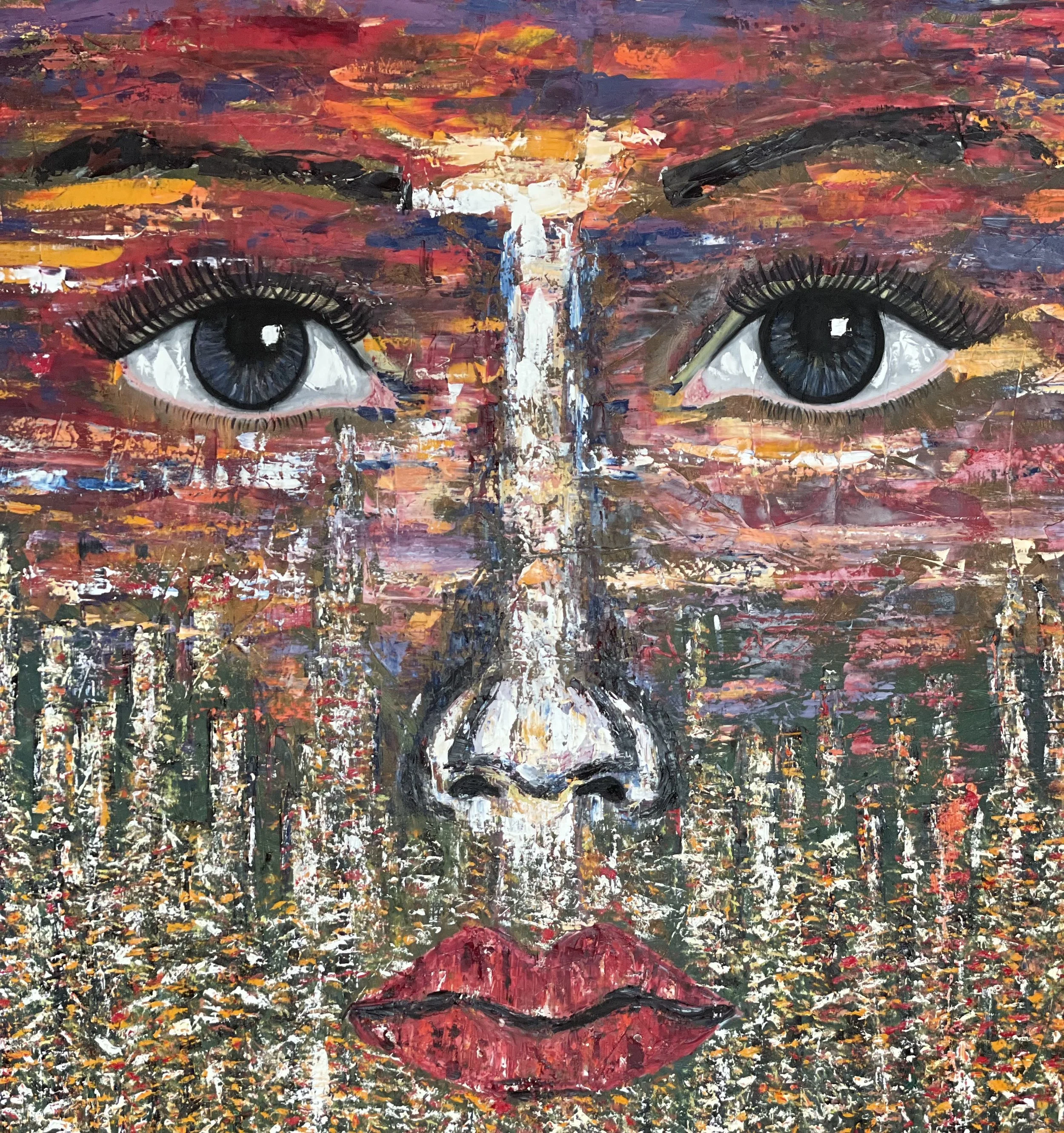 A colorful abstract painting of a woman's face with blue eyes, red lips, and makeup, with a textured background of vibrant brushstrokes.