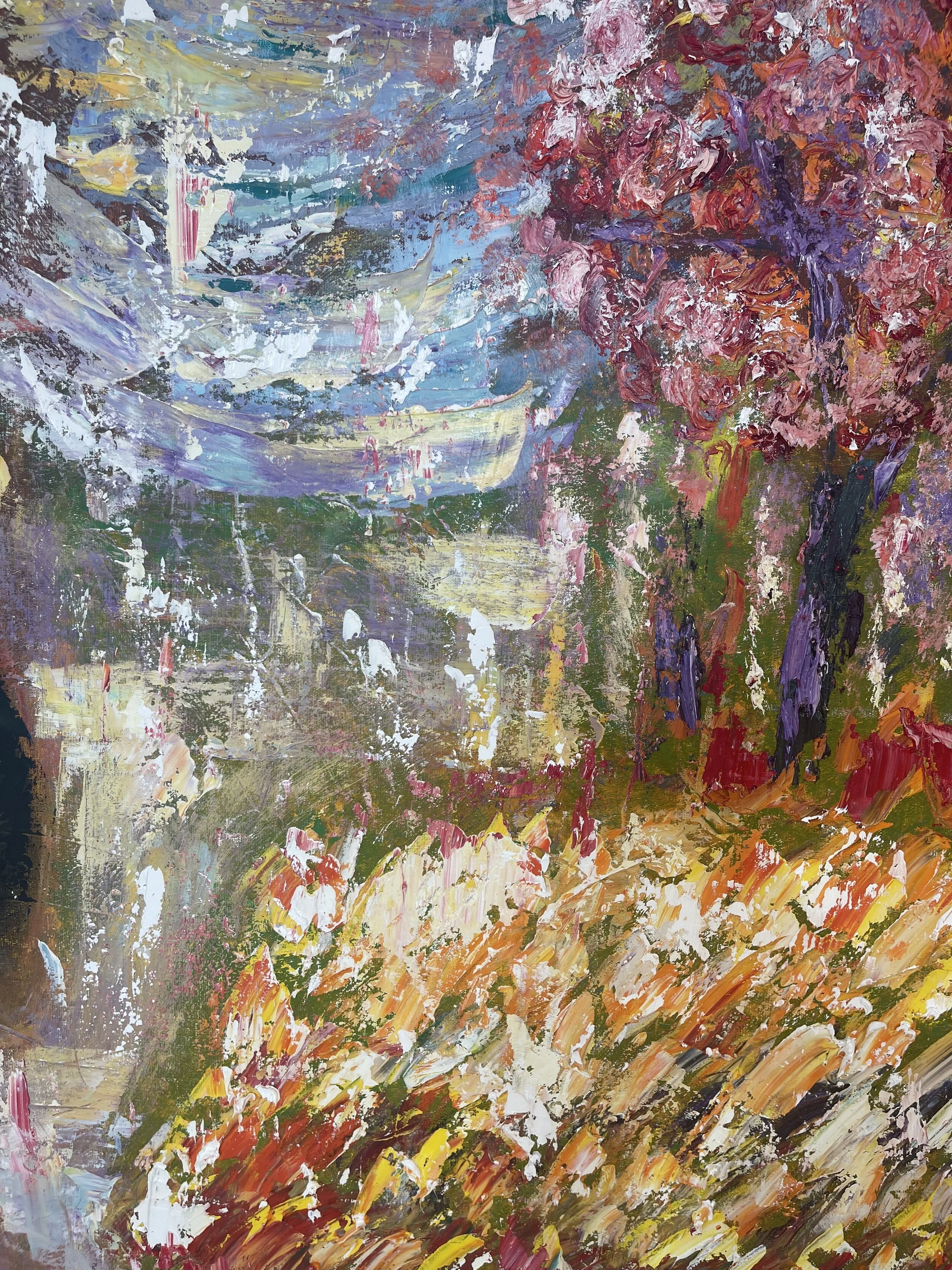 A colorful abstract painting of a landscape with trees and flowers, featuring bold brushstrokes and a vibrant color palette.