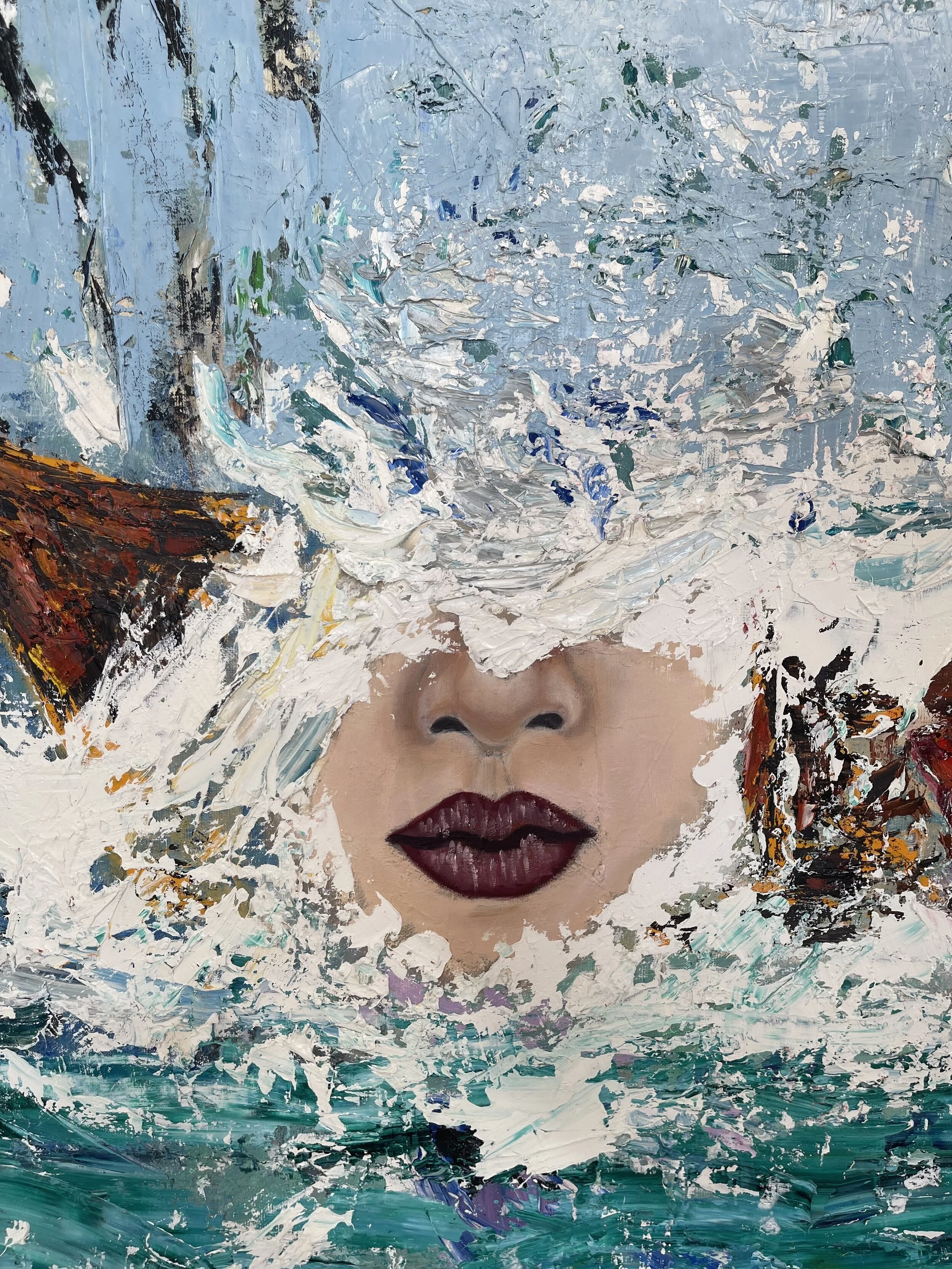 Close-up of an abstract painting depicting a woman's face with dark red lips, surrounded by textured, expressive brushstrokes of blue, white, and brown, creating a sense of waves and movement.