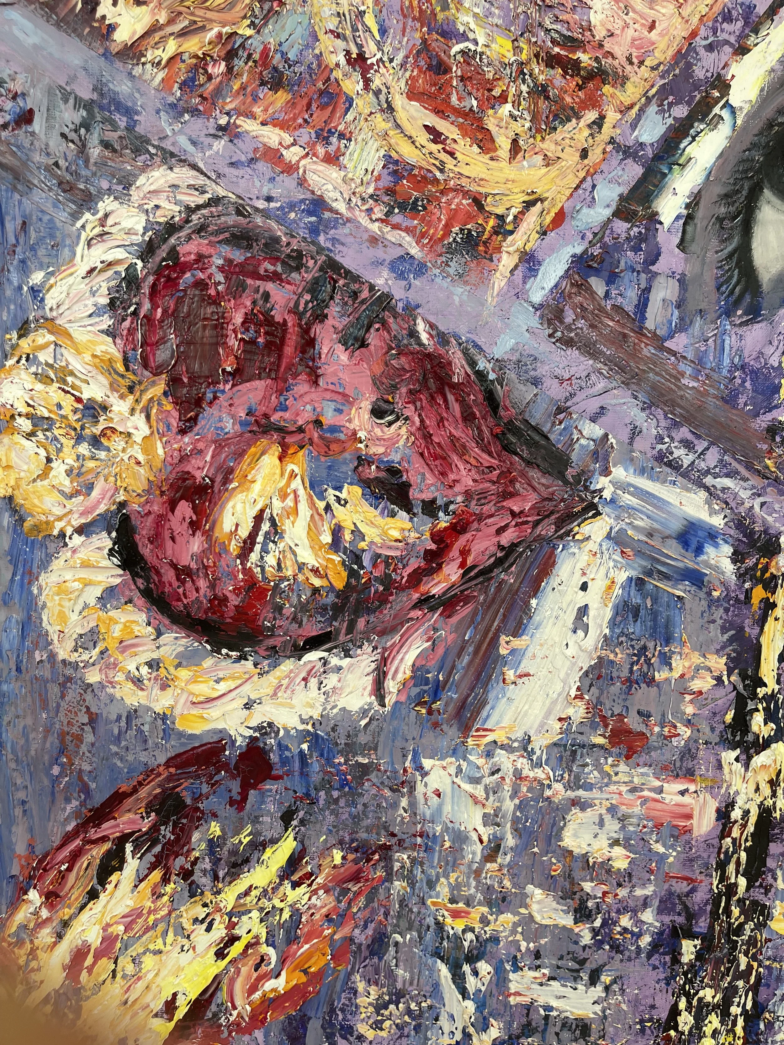 An abstract oil painting featuring bold, textured strokes and vibrant colors, including red, yellow, purple, and black, with no clear objects or scene.