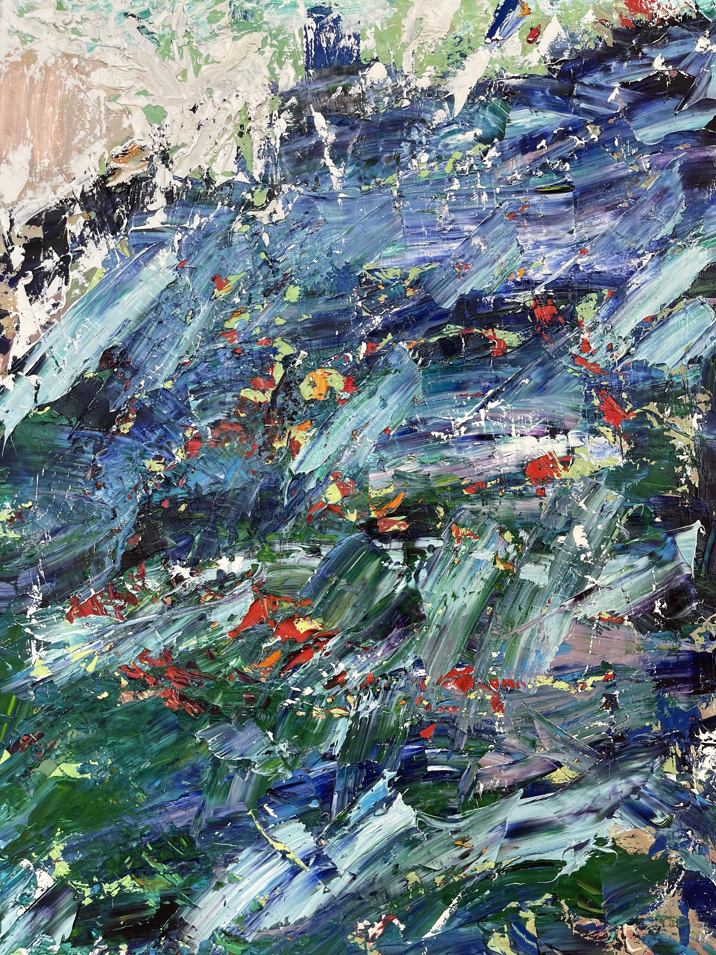 Abstract painting with broad strokes of blue, green, white, and hints of red and black.