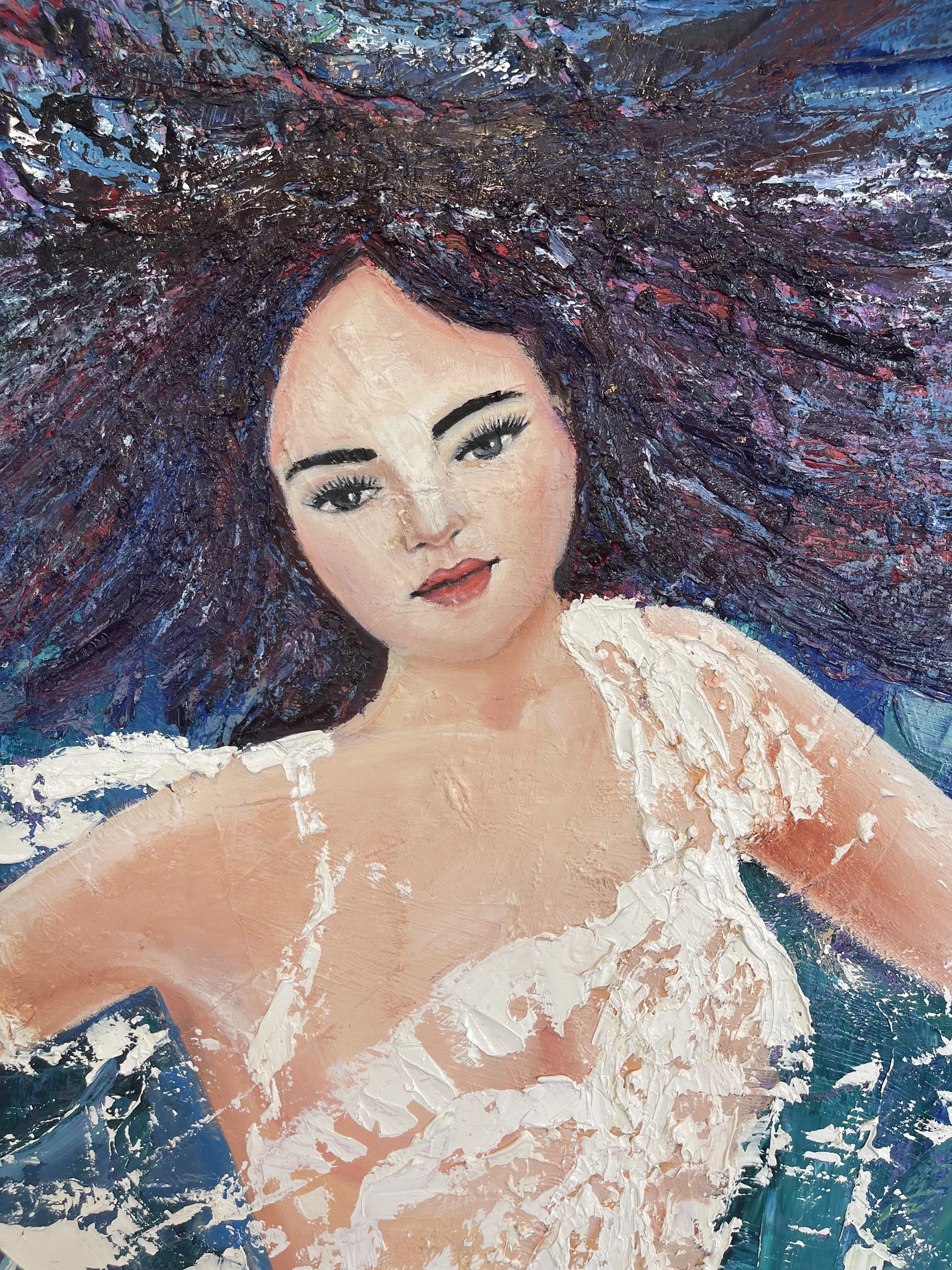 An oil painting of a woman with long, dark, textured hair and fair skin, wearing a white lacy garment, with a colorful, abstract background.