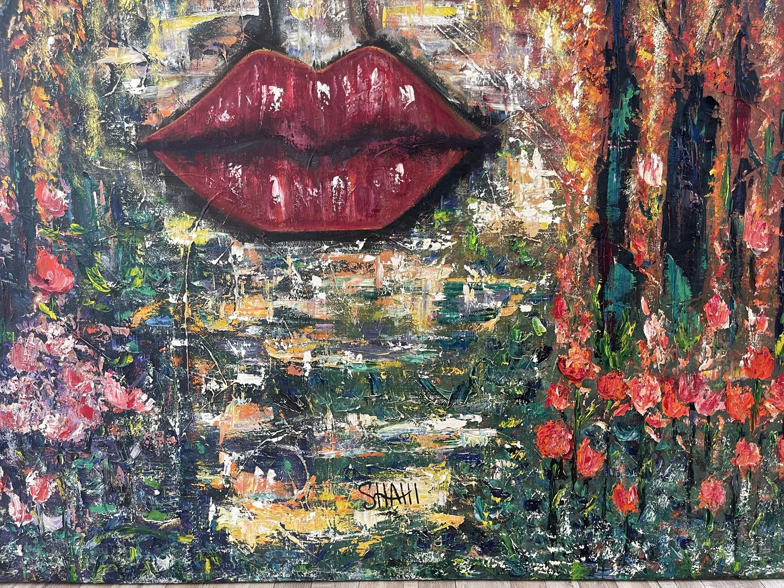 Abstract painting of large red lips, surrounded by colorful flowers and greenery, with a textured background.