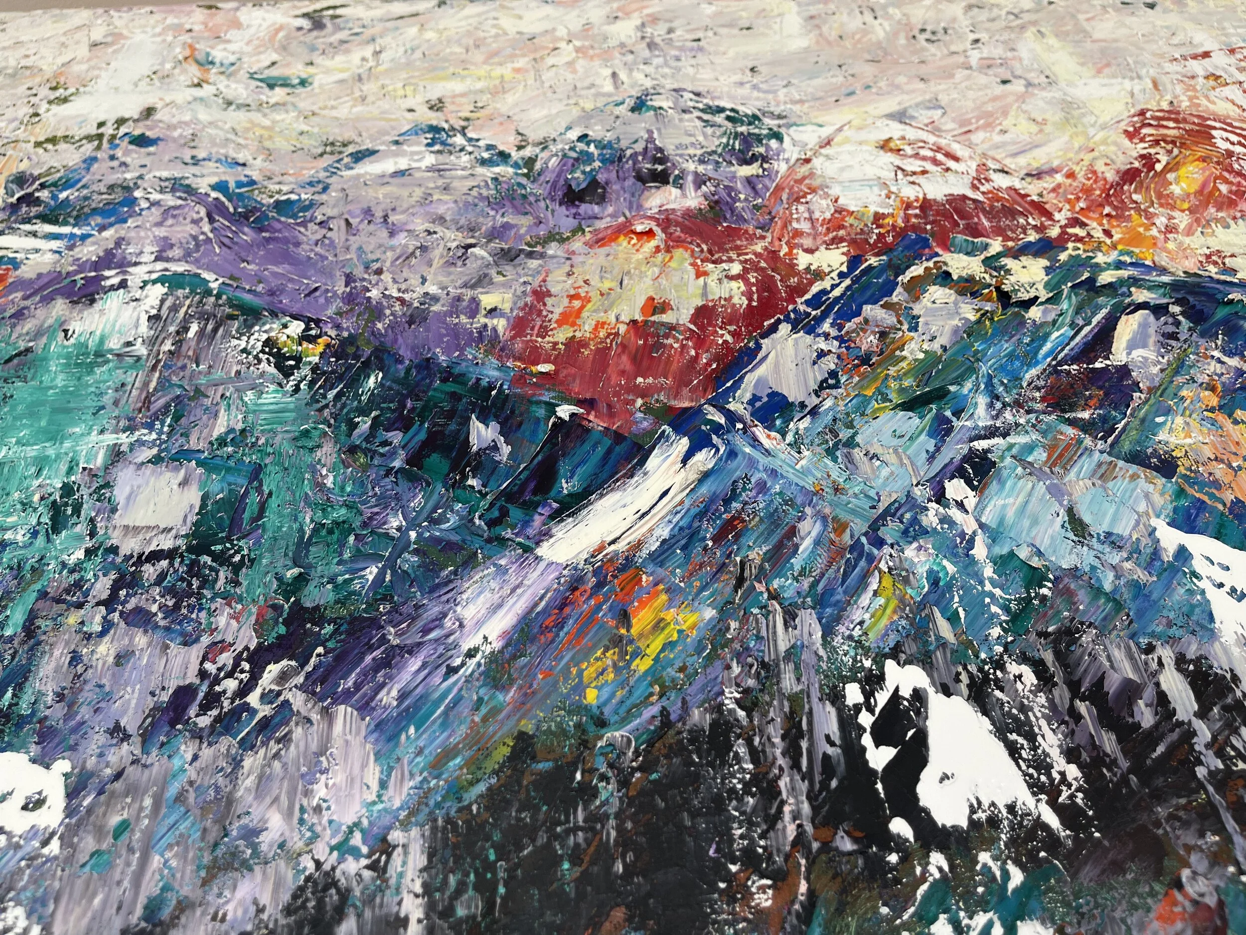 Abstract landscape painting with thick, textured brushstrokes in purple, blue, teal, white, red, yellow, and black, creating a vibrant and dynamic scene.