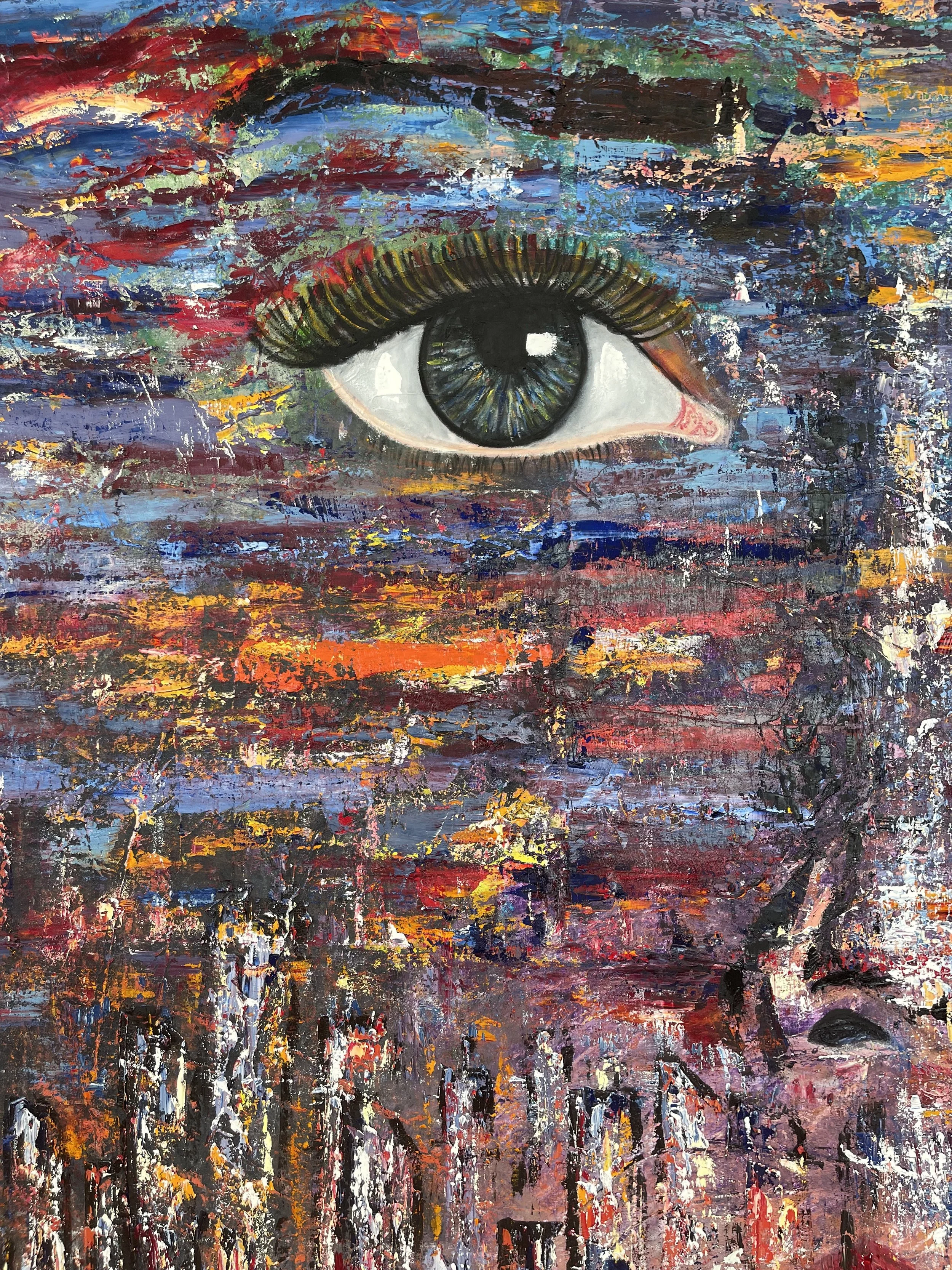 An abstract painting of a human eye with vibrant, textured colors and brushstrokes.