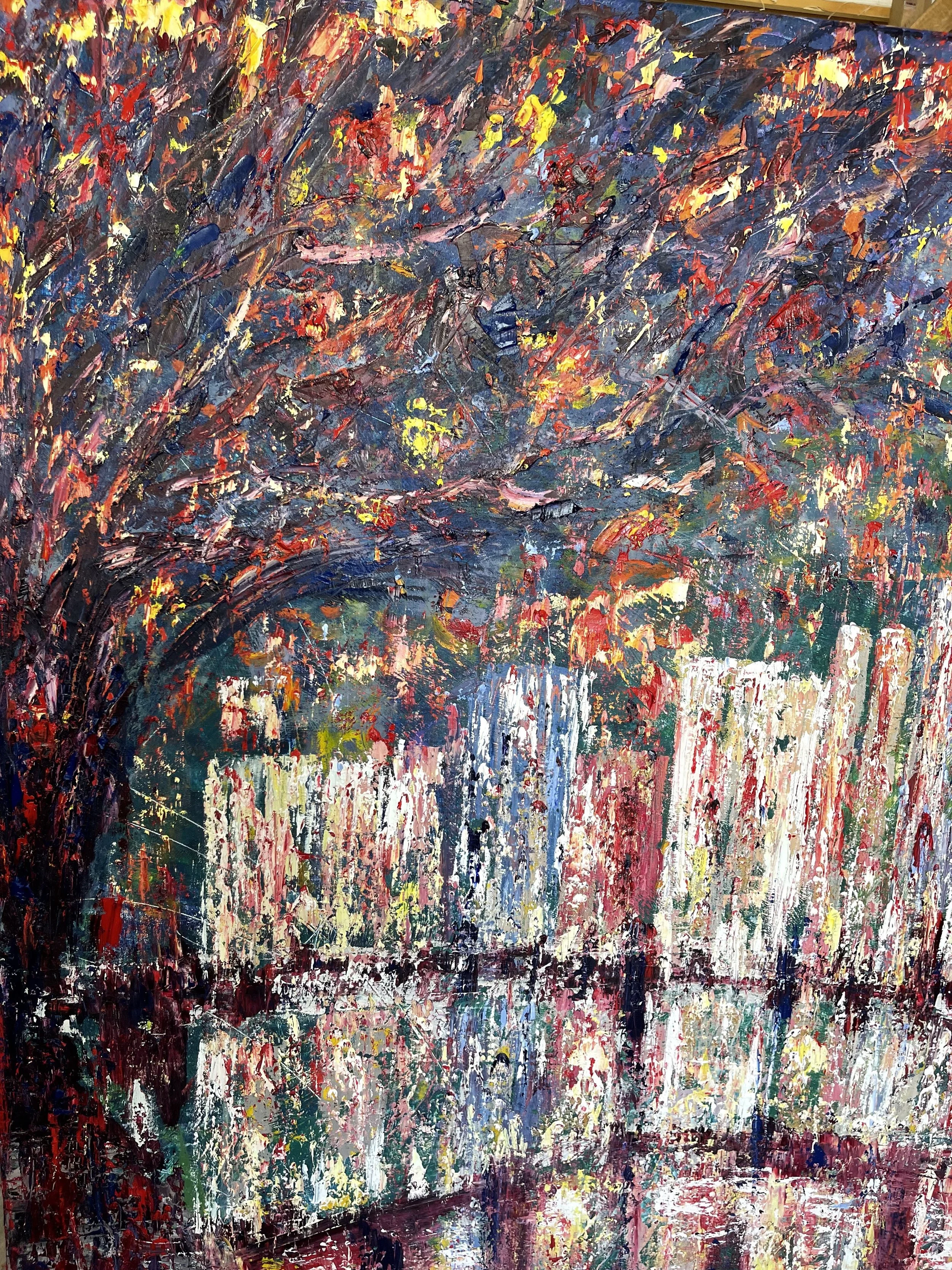 An abstract painting of a water fountain with colorful trees in the background.
