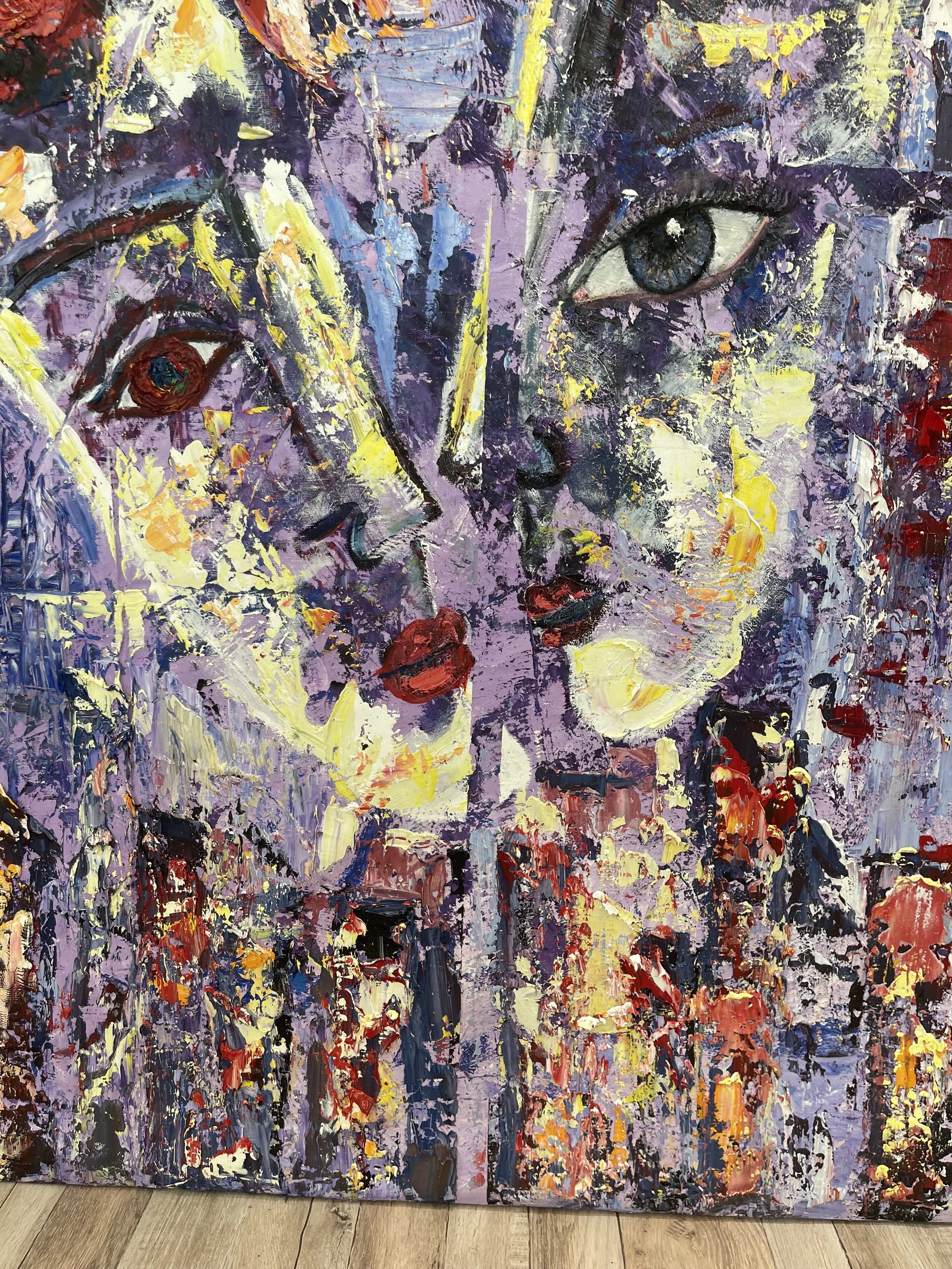 Abstract painting of two women's faces, one with blue eyes and blonde hair, the other with red lips and dark eyes, in vibrant colors of purple, yellow, red, and blue.