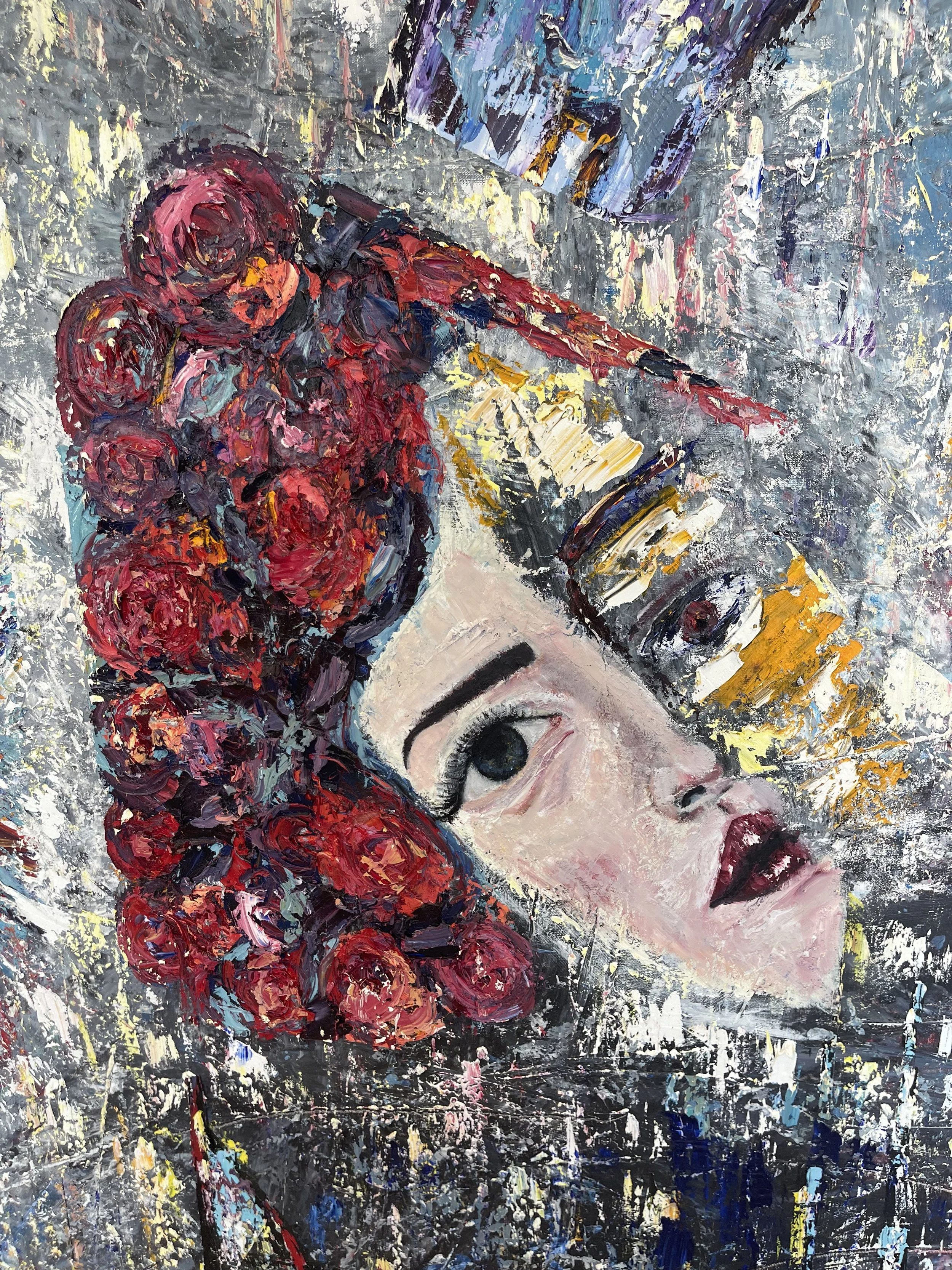 An abstract painting of a woman with a forehead covered by a yellow flower crown and a black-and-white striped headband. She has red lips, a dark eyebrow, and one eye visible, with a textured background of various colors.