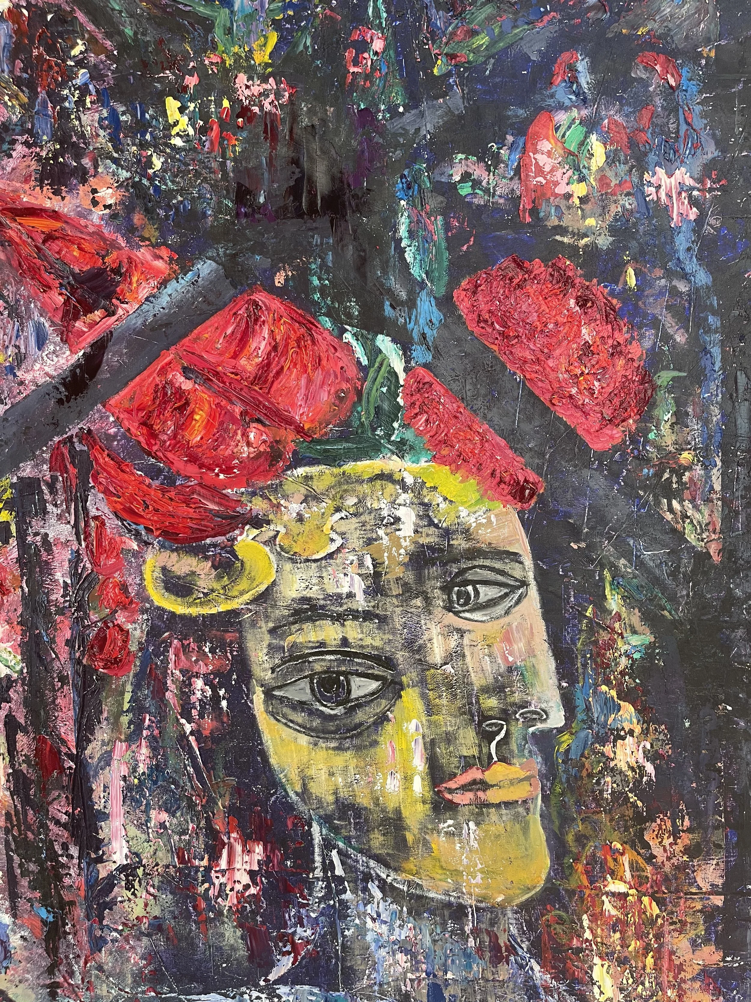 An abstract painting of a woman's face with multiple eyes, vibrant colors, and floral elements, featuring a dark background.