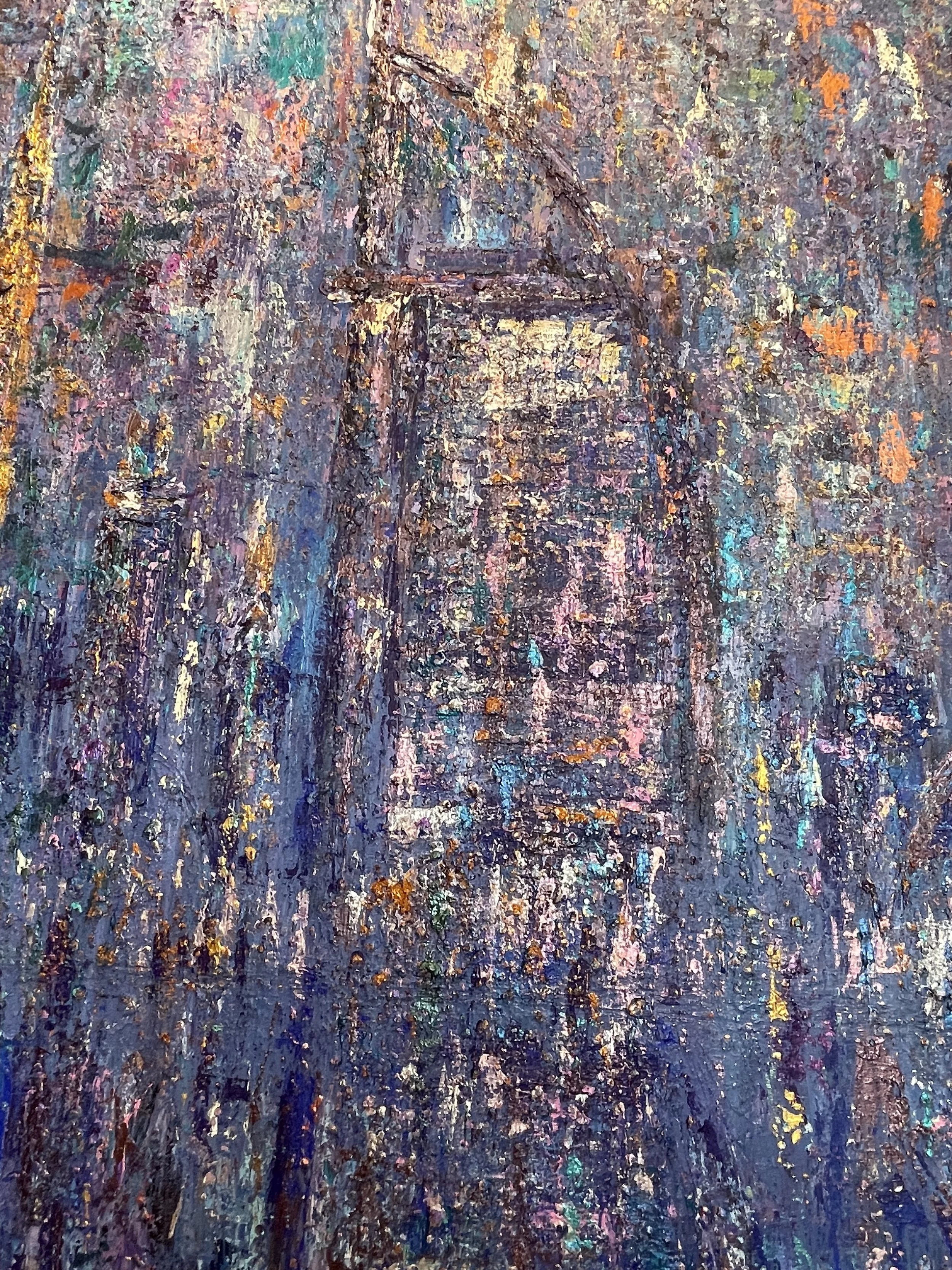 Abstract impressionist painting of a city scene with tall buildings, using thick, textured brushstrokes in shades of purple, blue, pink, orange, and yellow.