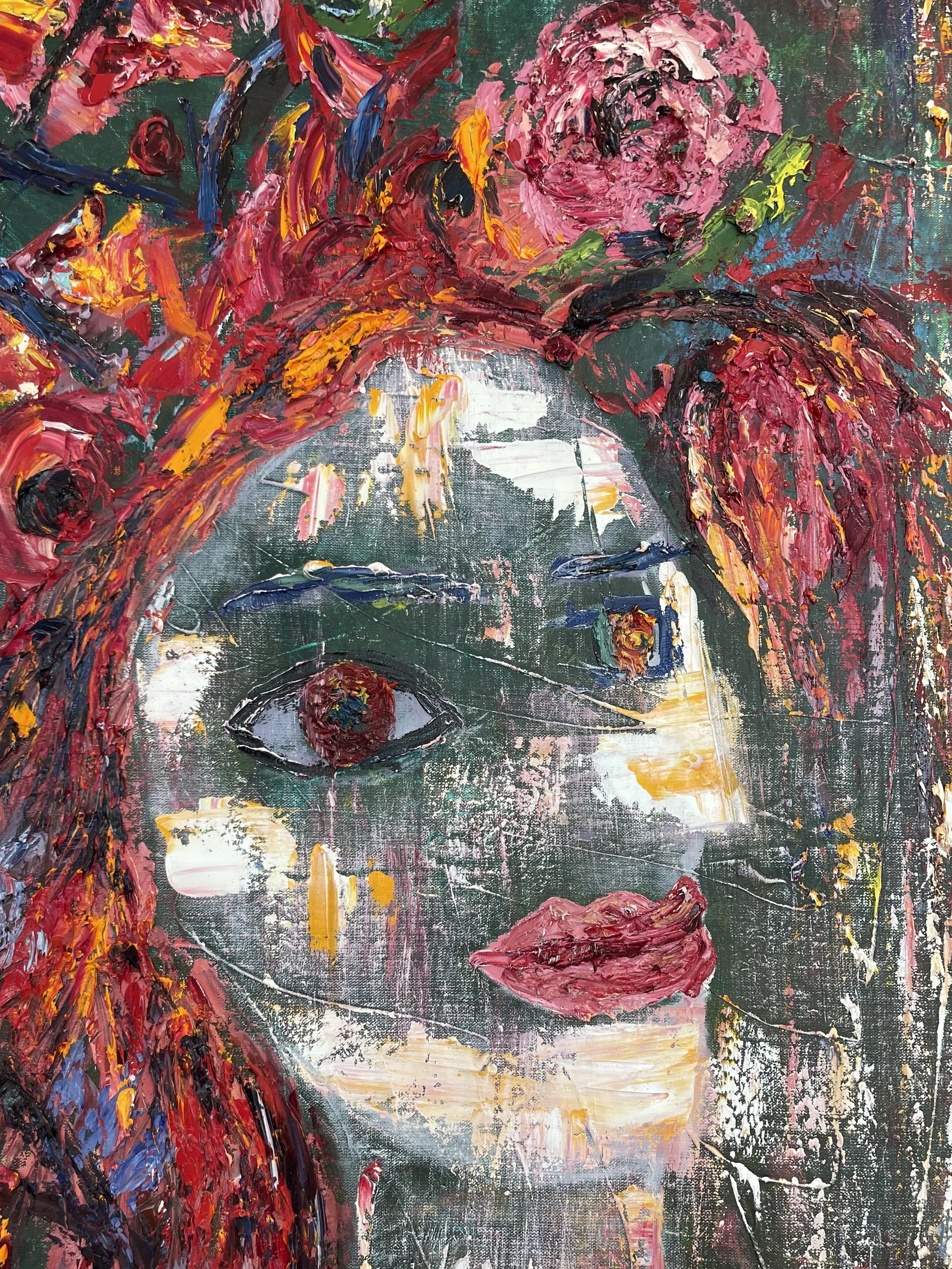 An abstract oil painting of a woman's face with thick, textured brushstrokes in shades of pink, red, yellow, green, and white, with expressive eyes and lips.