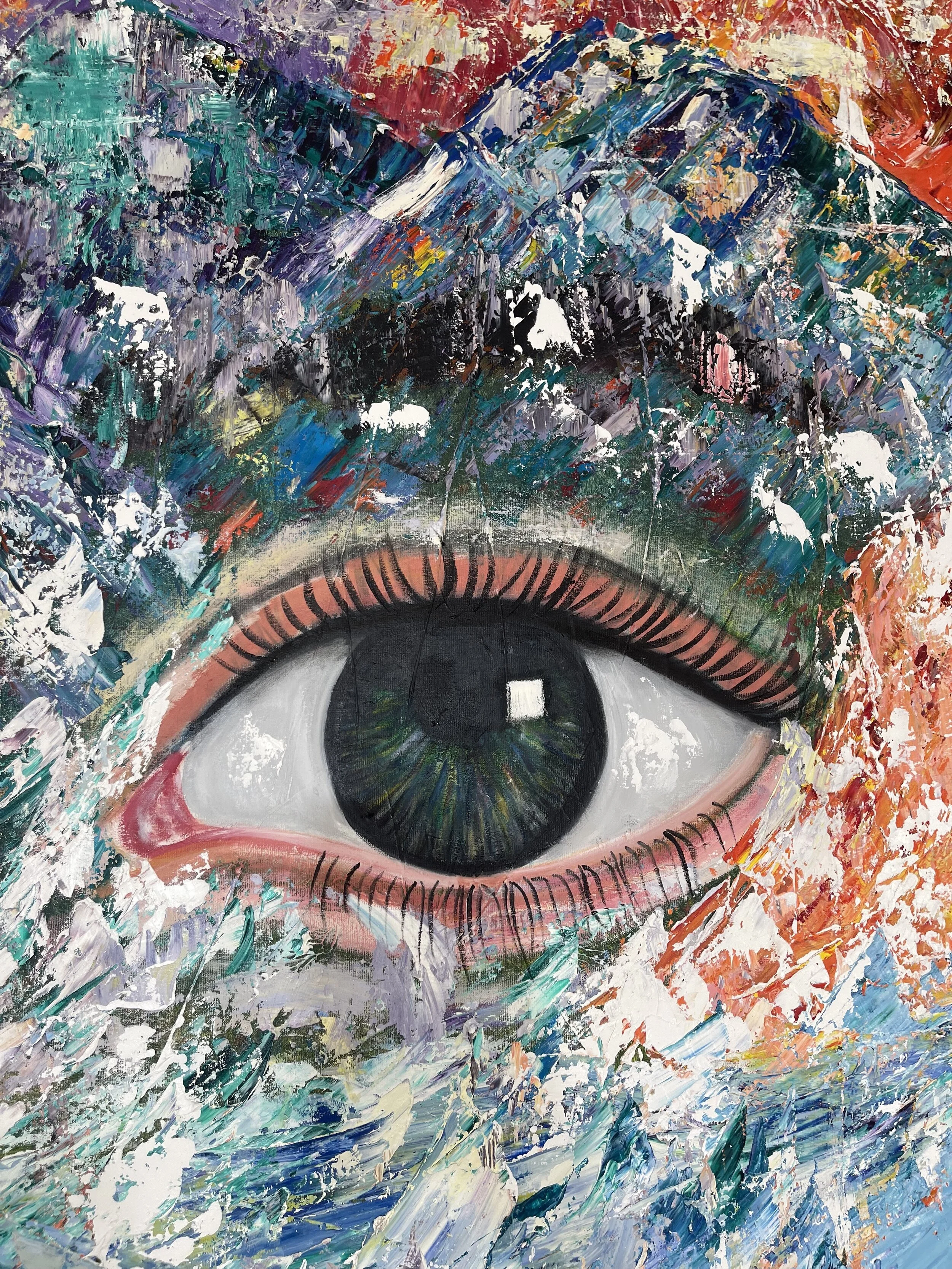 An abstract painting of a human eye with a colorful, textured background.