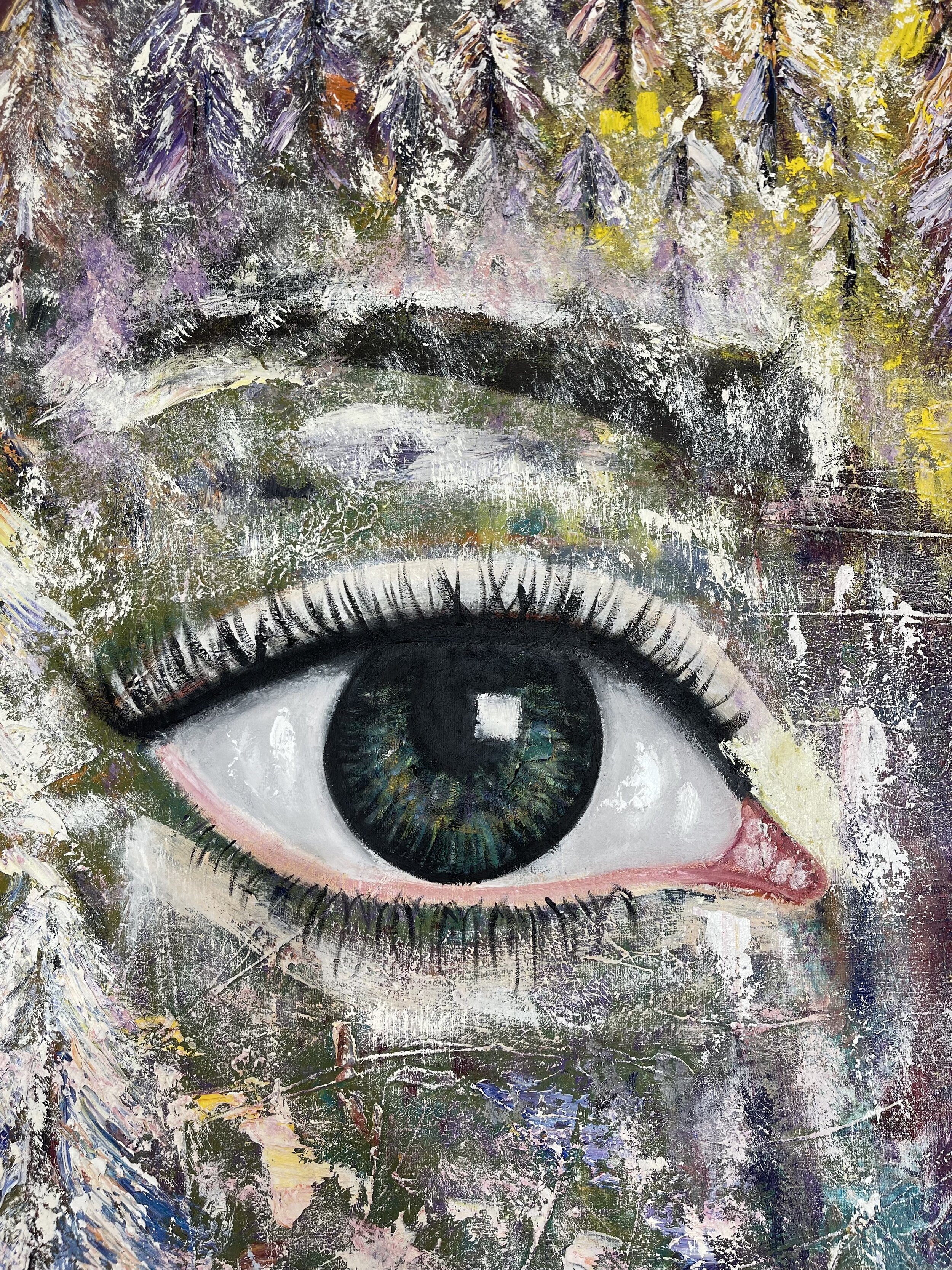 Close-up of a realistic eye surrounded by abstract, colorful brushstrokes and textures.