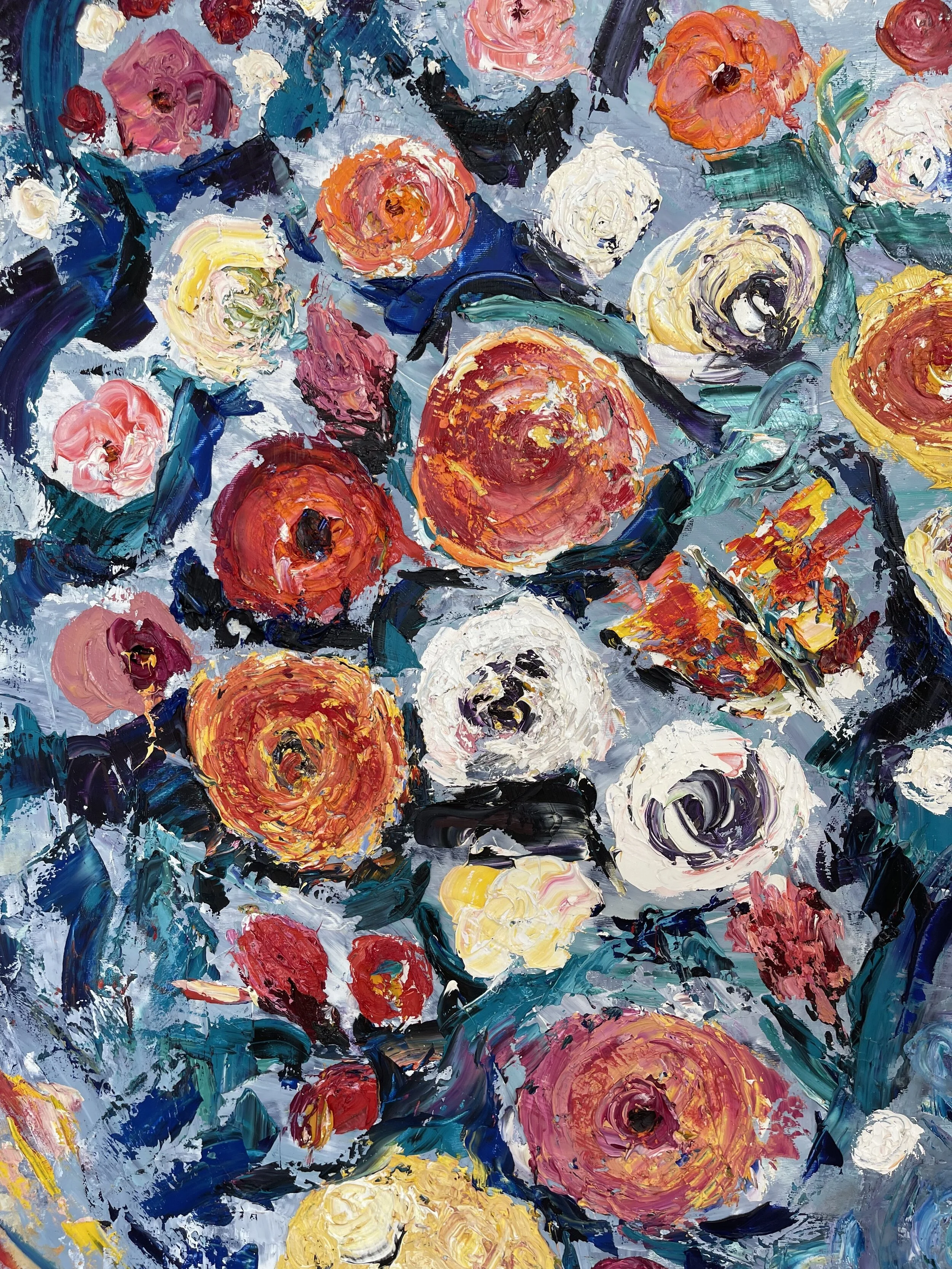 Abstract oil painting featuring a vibrant assortment of roses in various shades of pink, red, orange, white, and yellow, with bold, expressive brushstrokes and dark green and blue leaves.