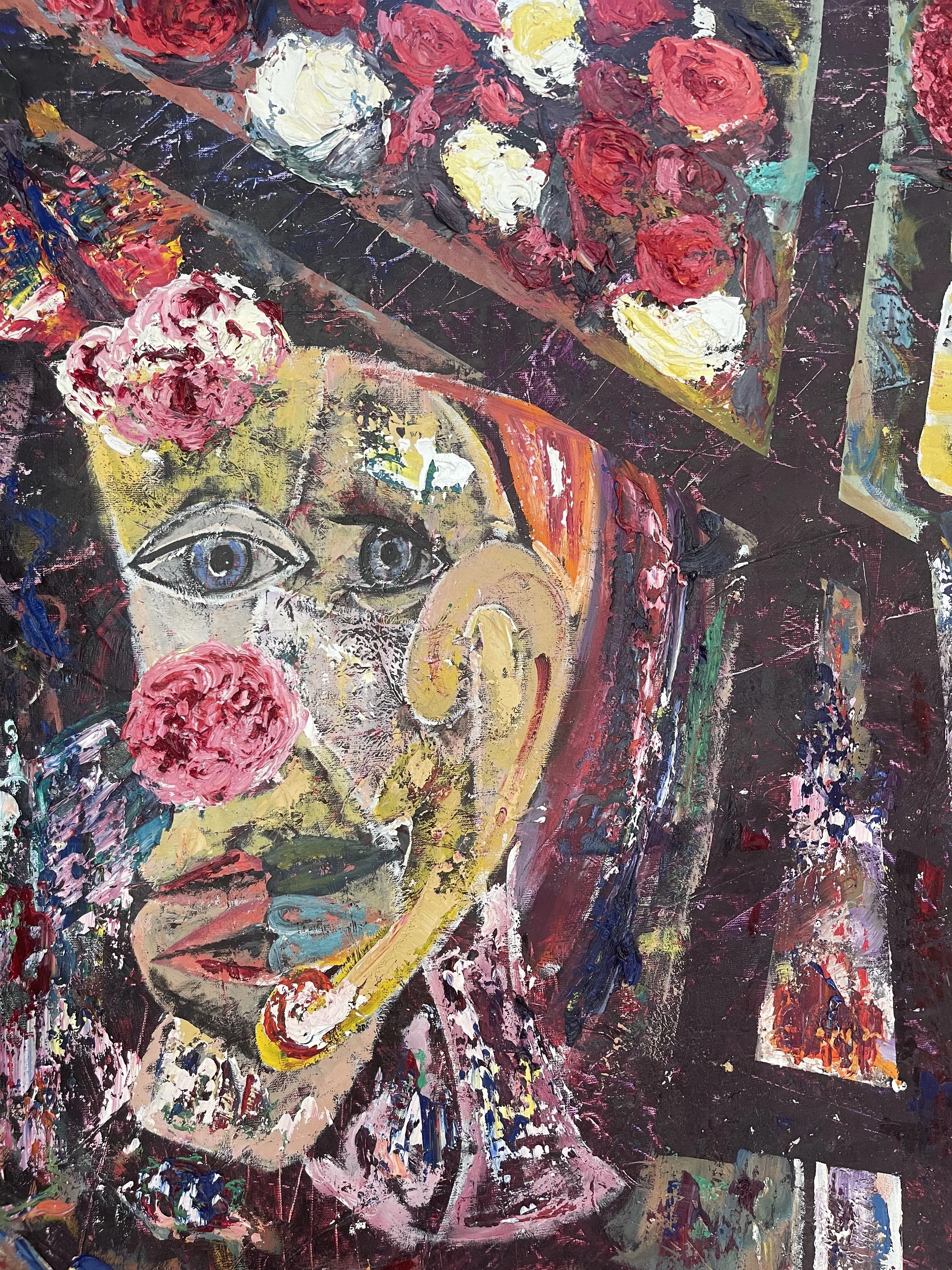 A colorful abstract painting of a woman's face with blue eyes, with various textured brushstrokes, floral elements, and geometric shapes surrounding her.