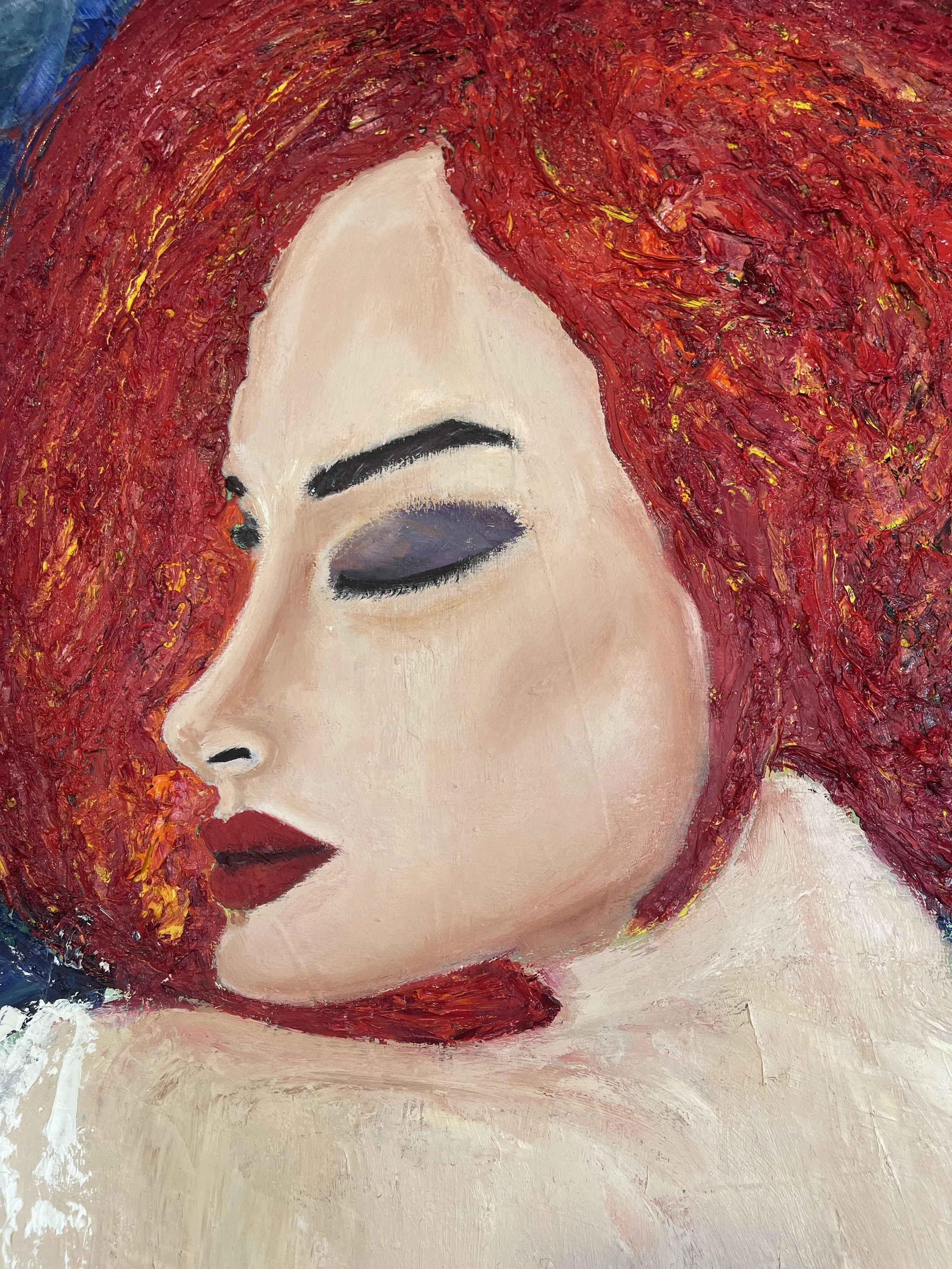 A portrait painting of a woman with red hair, closed eyes, dark purple eye makeup, dark red lipstick, and a light skin tone, in a profile view.