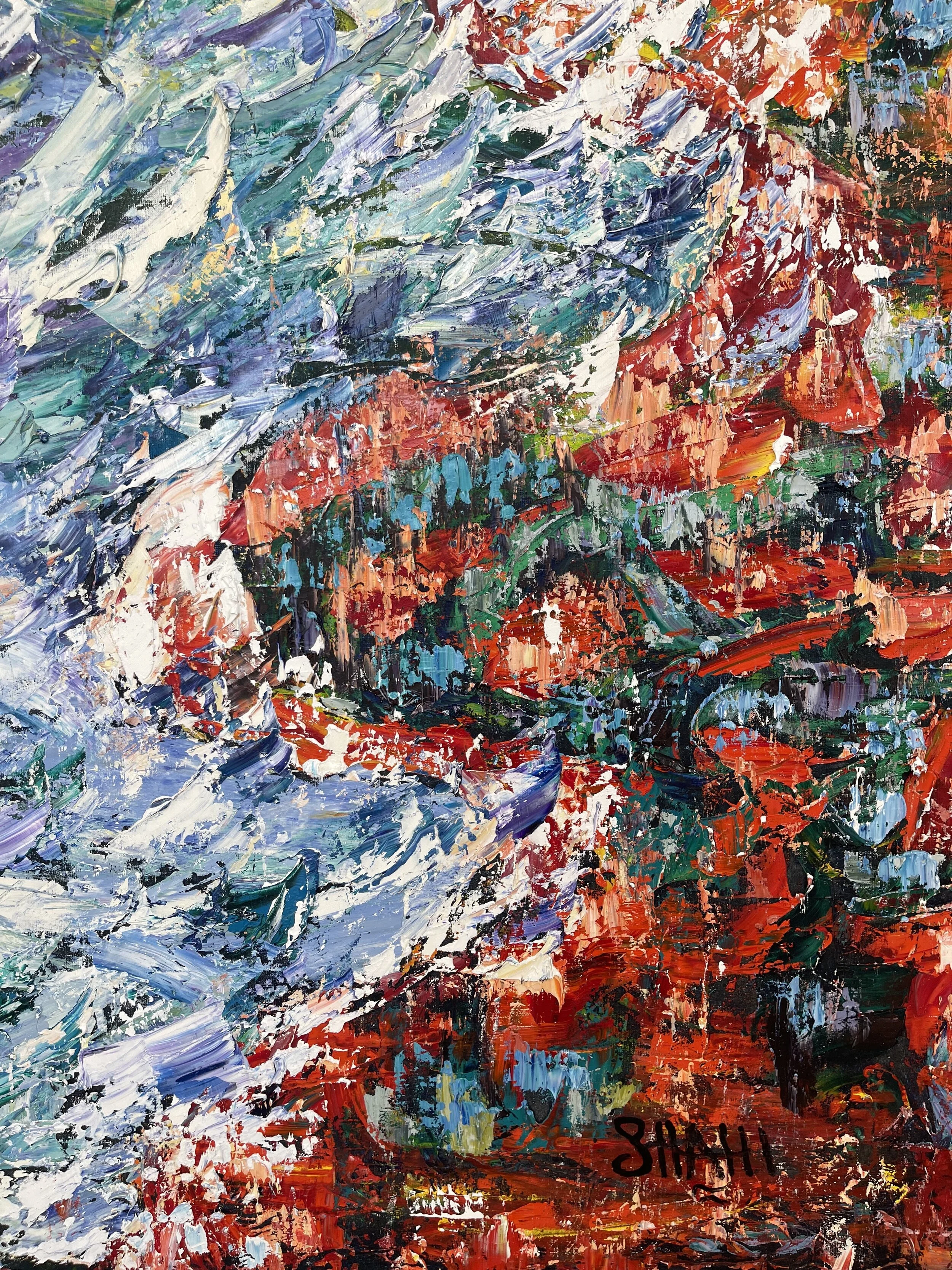 An abstract painting with bold brushstrokes in red, white, blue, green, purple, and black, signed in the bottom right corner with the name "Shoghi".