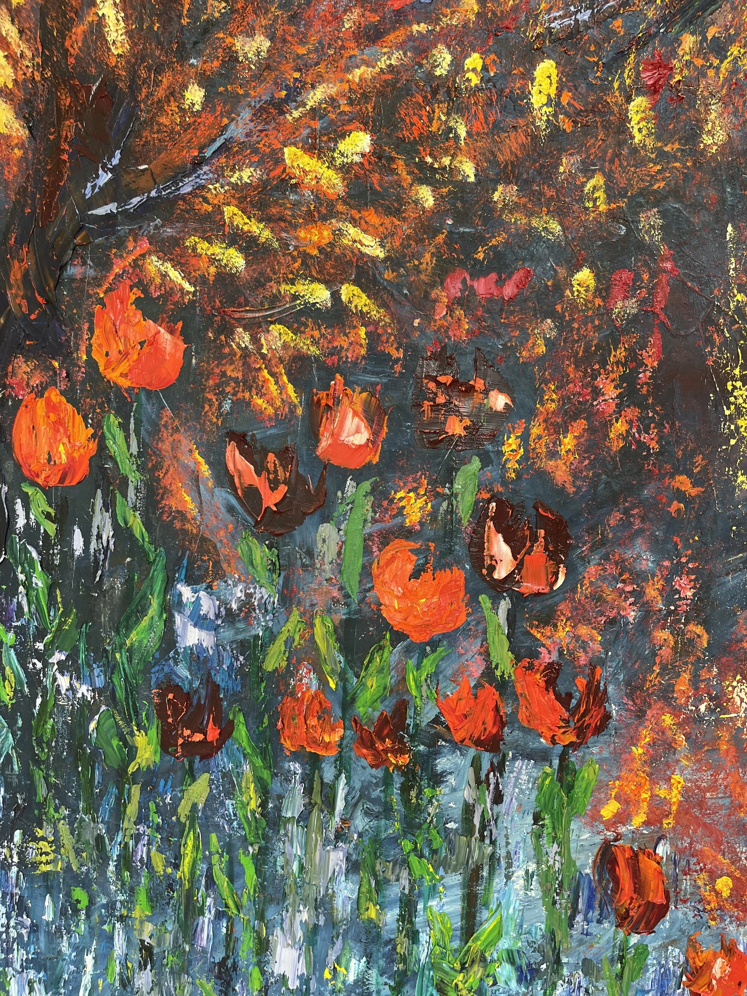 An abstract painting of red, orange, and pink flowers with green stems, set against a background of yellow, red, and dark colors, resembling an outdoor garden scene.