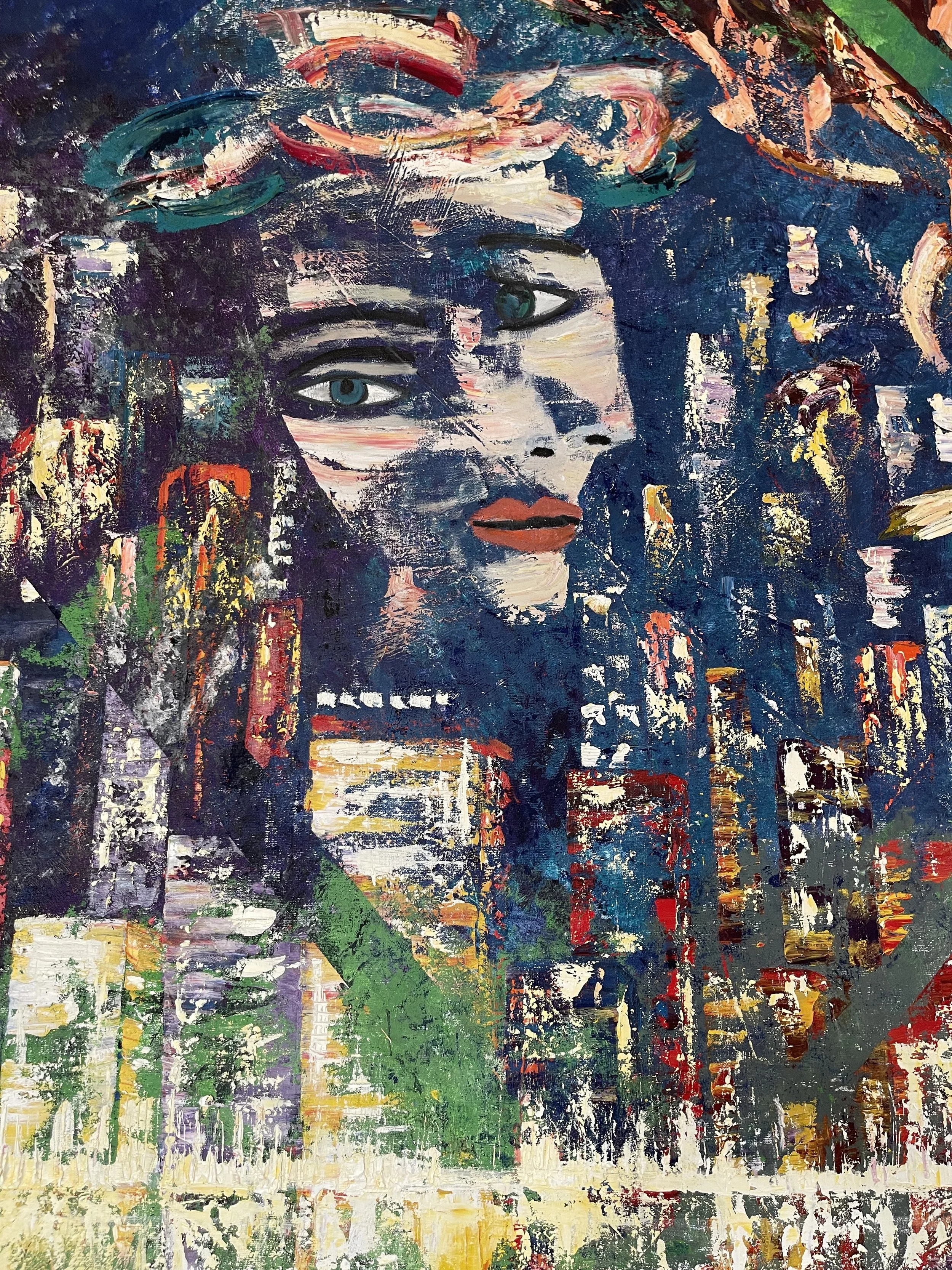 An abstract painting of a woman's face with large blue eyes, red lips, and dark hair blended with bright, colorful brushstrokes, creating a cityscape background.