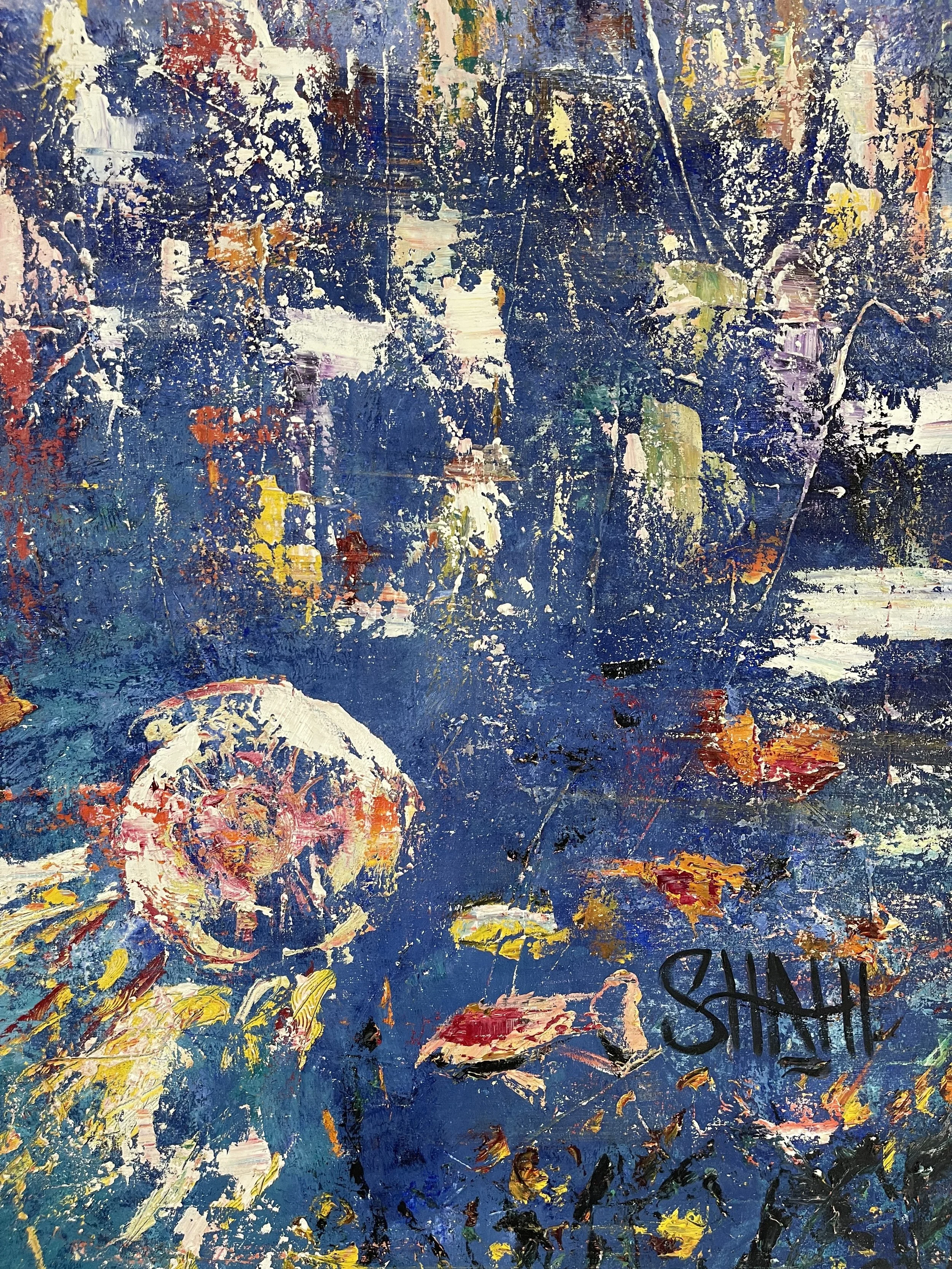 Abstract impressionist painting with a dominant blue color, scattered patches of yellow, orange, pink, and white, and the name "SHAH" written in black.