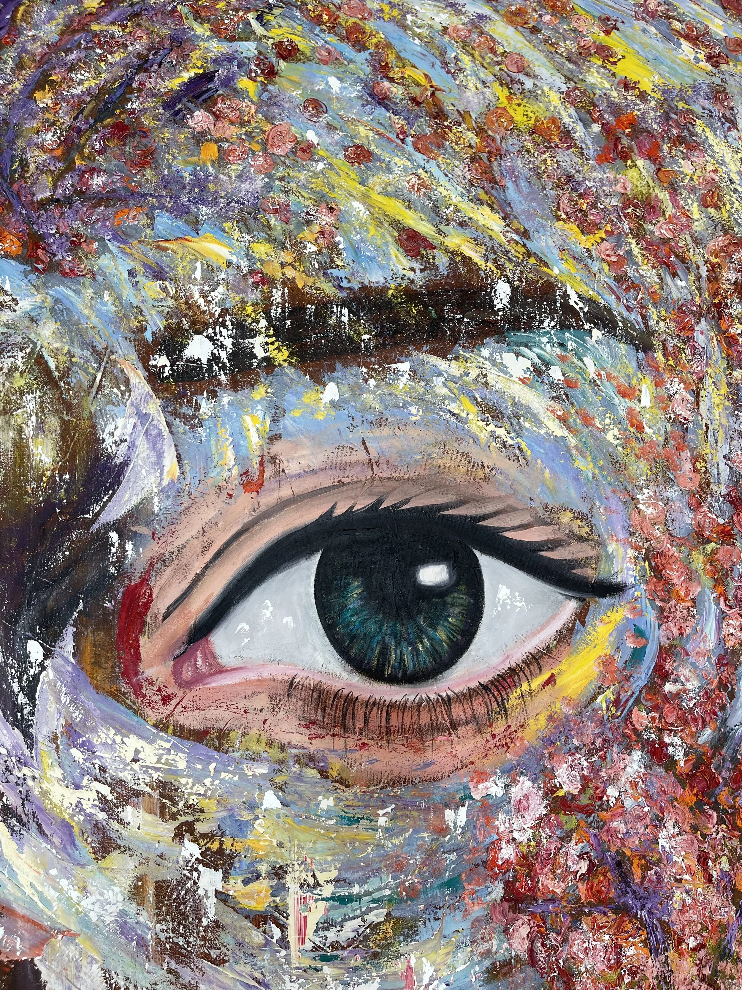 Close-up of a realistic human eye painted on a colorful, textured abstract background with brushstrokes of purple, yellow, red, and blue.