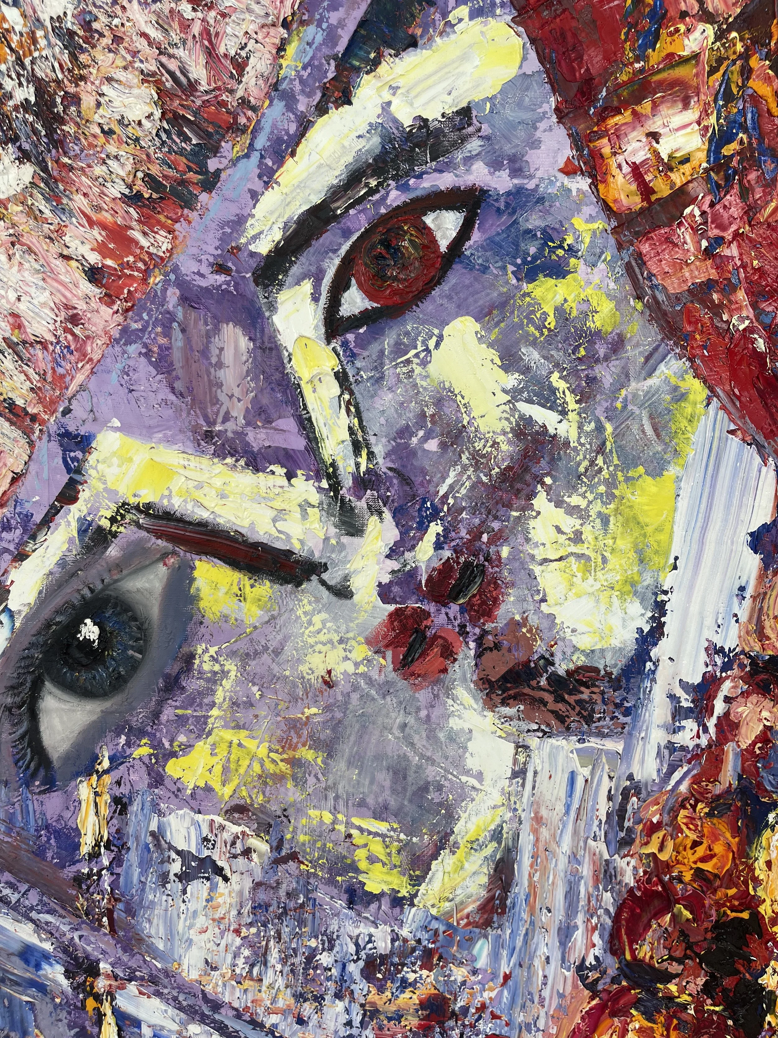 Abstract painting of a human face with prominent eyes, lips, and hair, using bold brushstrokes in purple, red, yellow, and black colors.