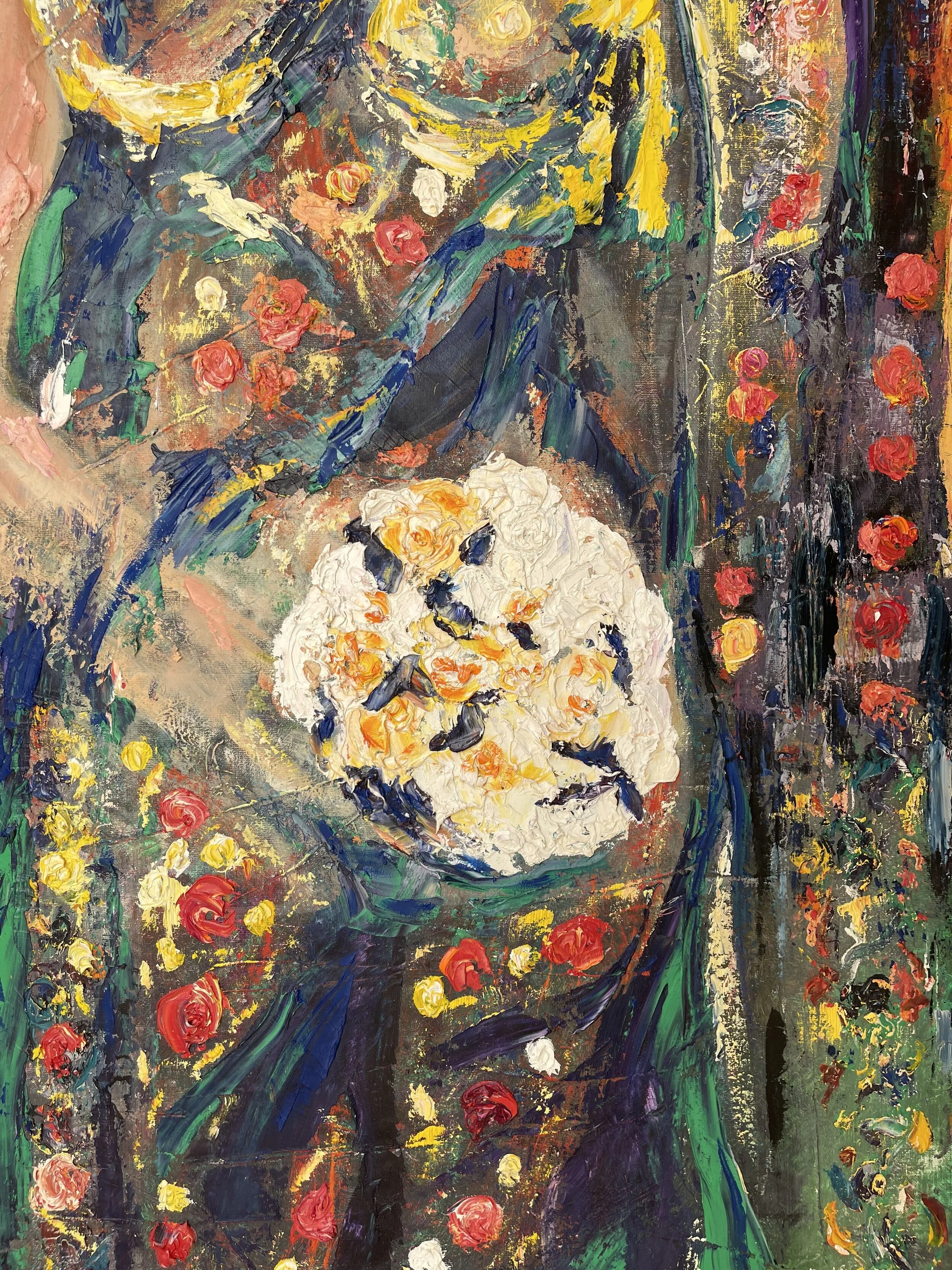 An oil painting of a white peony flower with yellow and orange accents, set against a dark background with abstract red, yellow, and green floral elements in a vibrant and textured impressionist style.