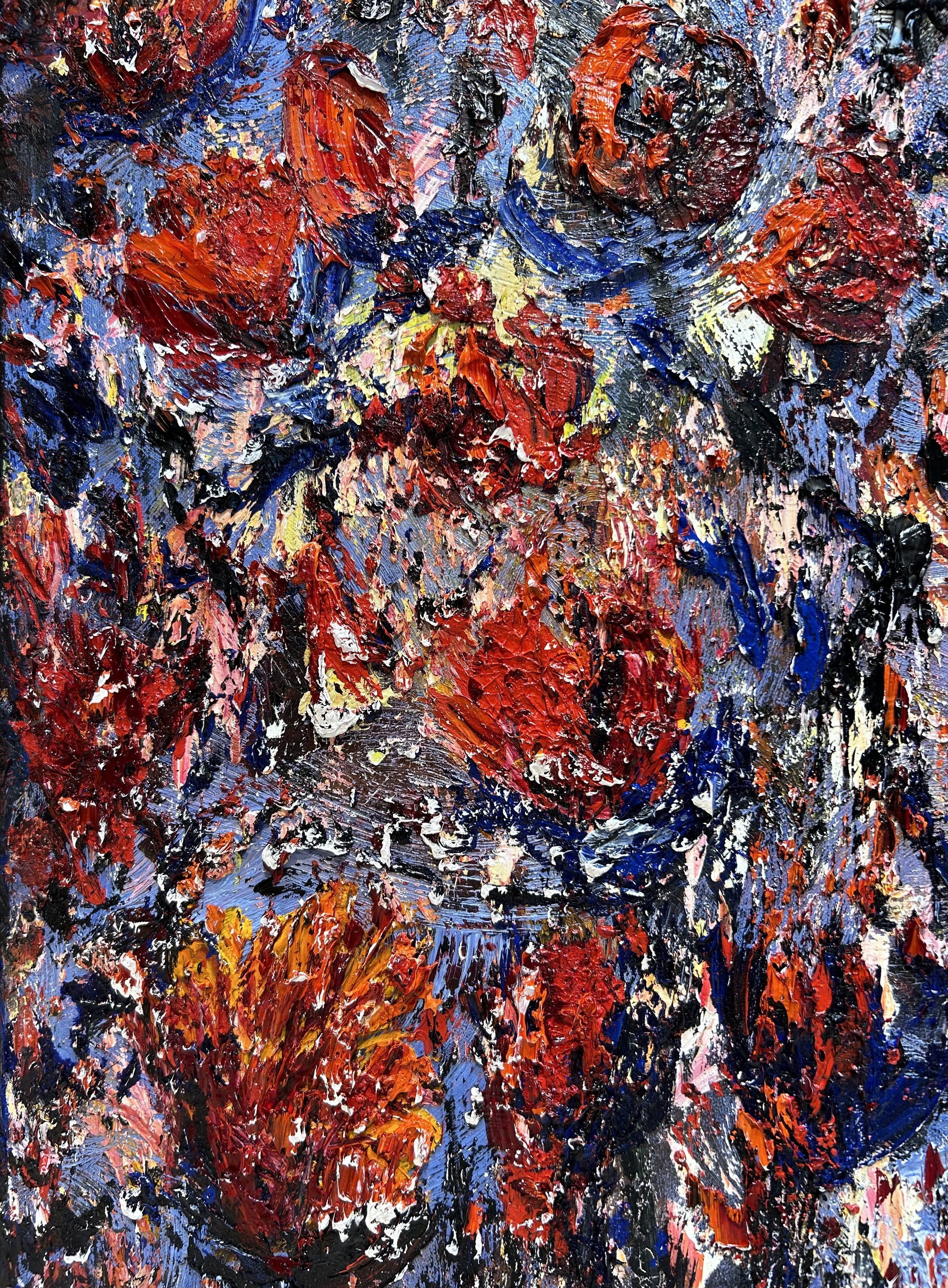 Abstract expressionist painting with thick, textured brushstrokes in red, black, blue, yellow, orange, and white.