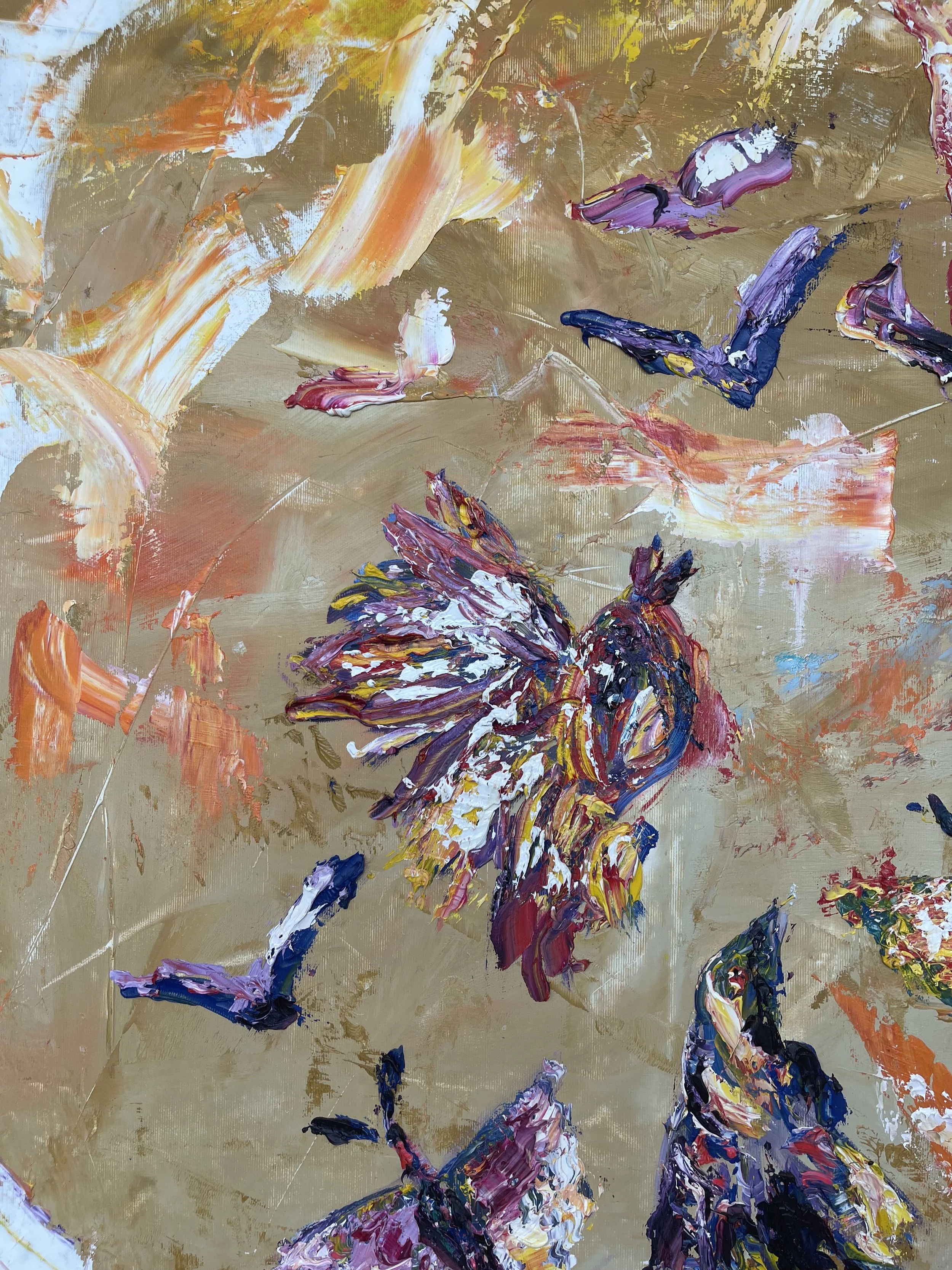 Abstract painting with bird and leaves in vibrant colors, including purple, white, yellow, orange, and dark blue, on a beige background.